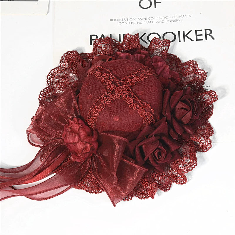 Youge Original Accessory - Gothic Lolita Red Top Hat, Rose & Bow 44131:796378