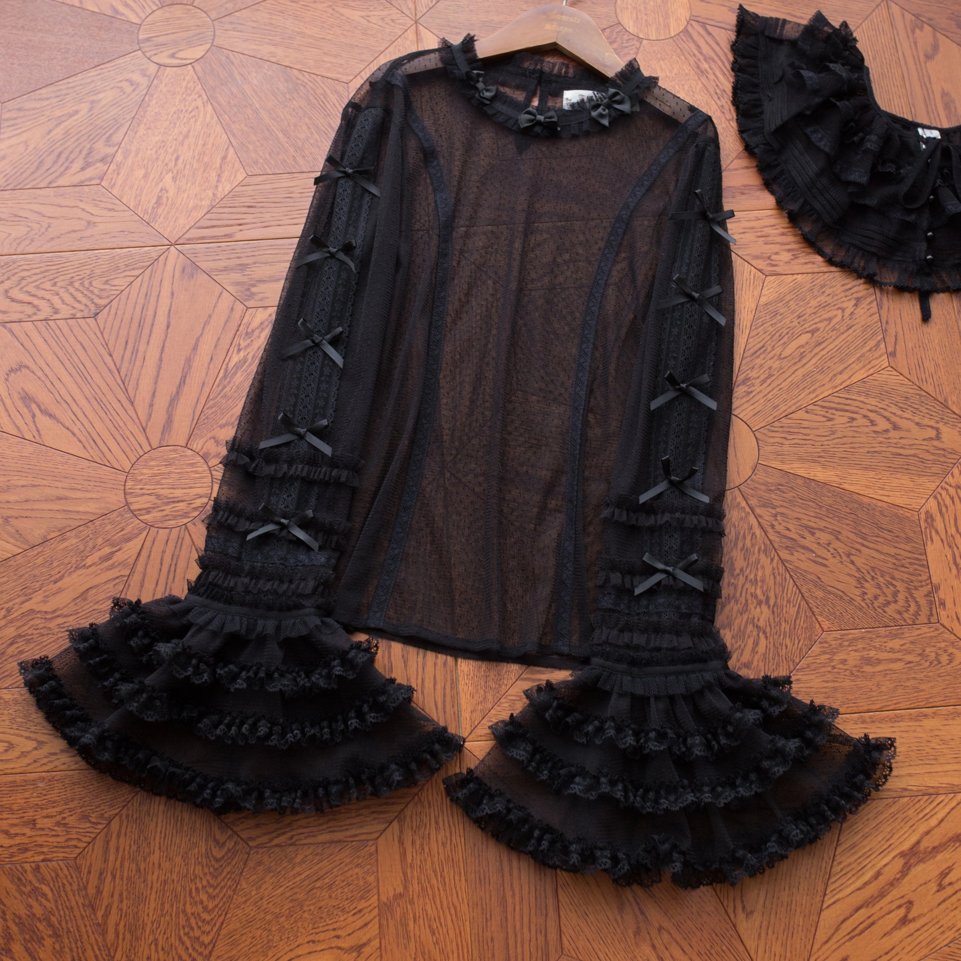 Vernal Feast - Polka Dot Lolita Blouse, Ruffled False Collar Black Blouse Only S