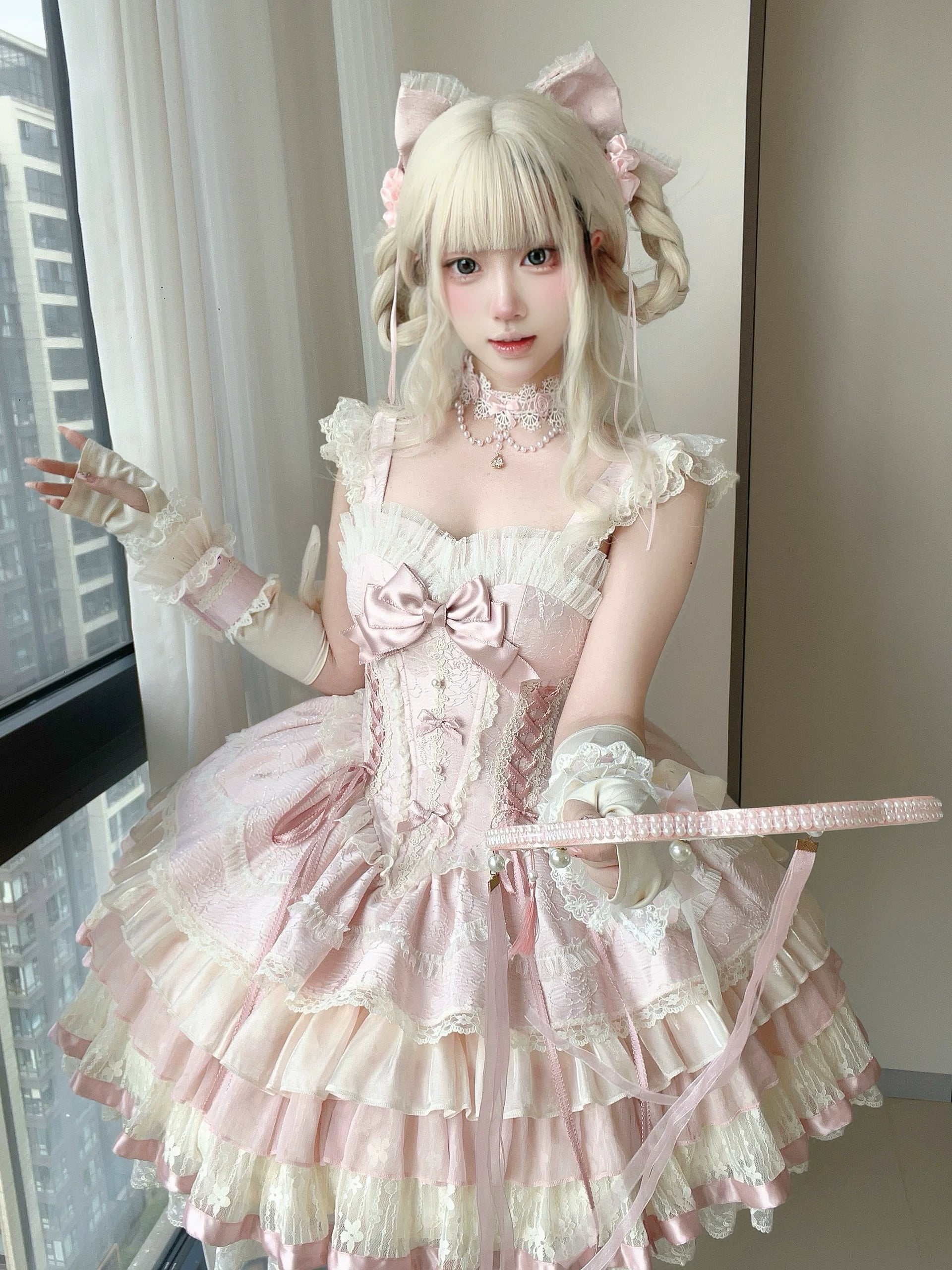 Lotus Crossing - Sweet Lolita Tiered Hem JSK Dress with Satin Bow 45302:844766
