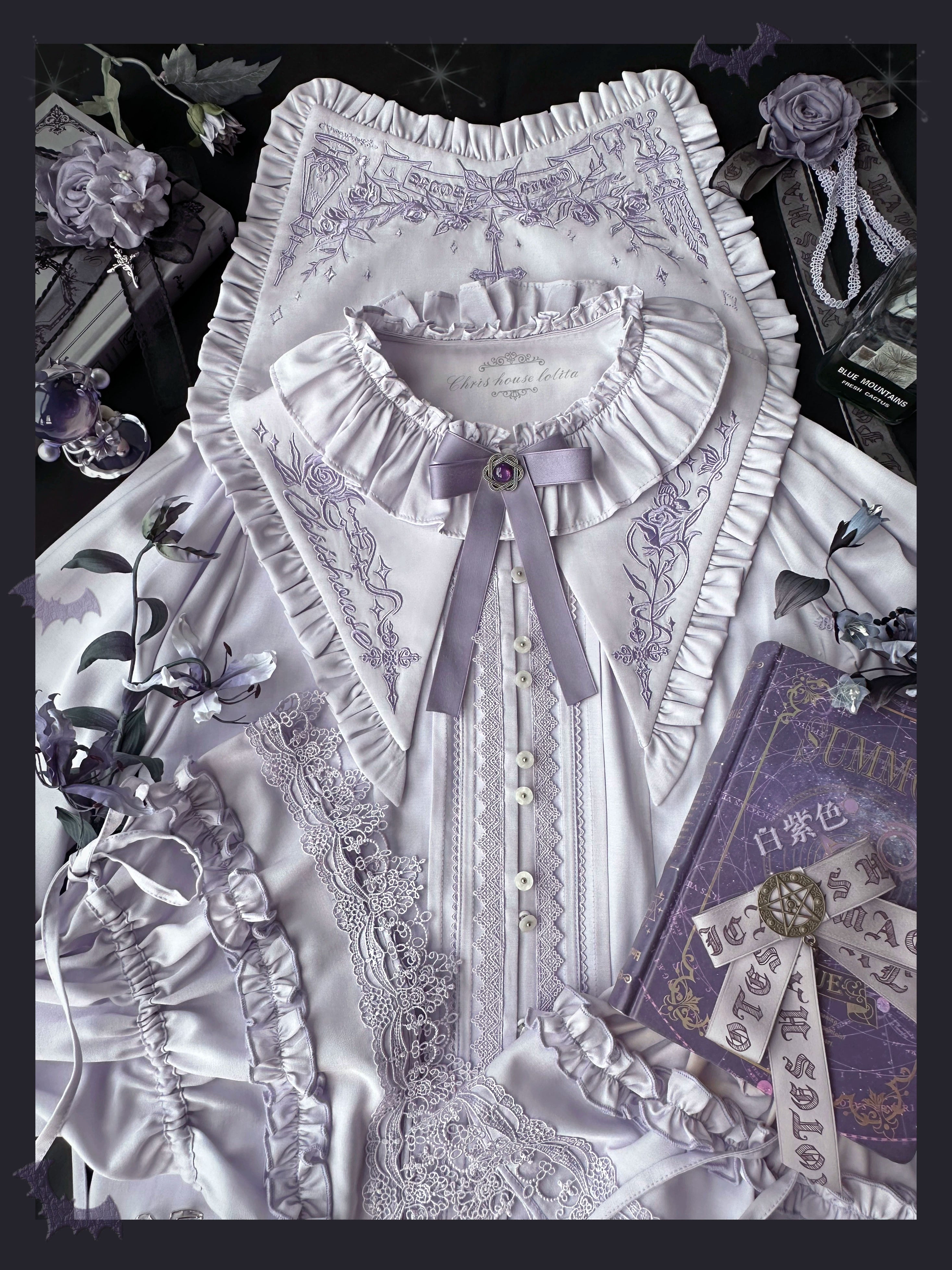 Chris House Lolita - Witch Notes - Gothic Loliat Embroidered Dress Suit, Cross and Rose Print 44096:795017