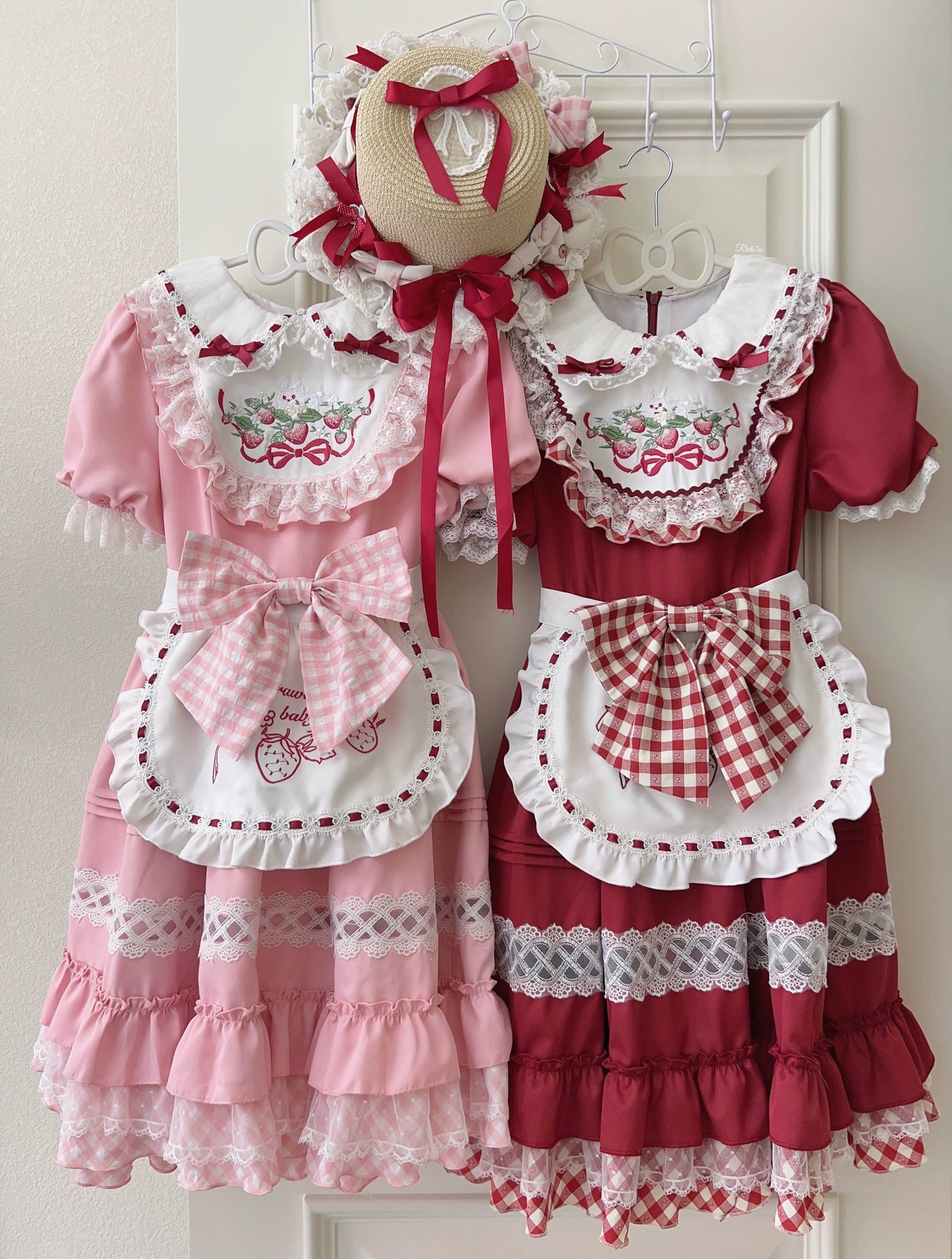 Sugar Girl~Strawberry Tea~Sweet Red Lolita OP Dress Short Sleeve Apron Dress   