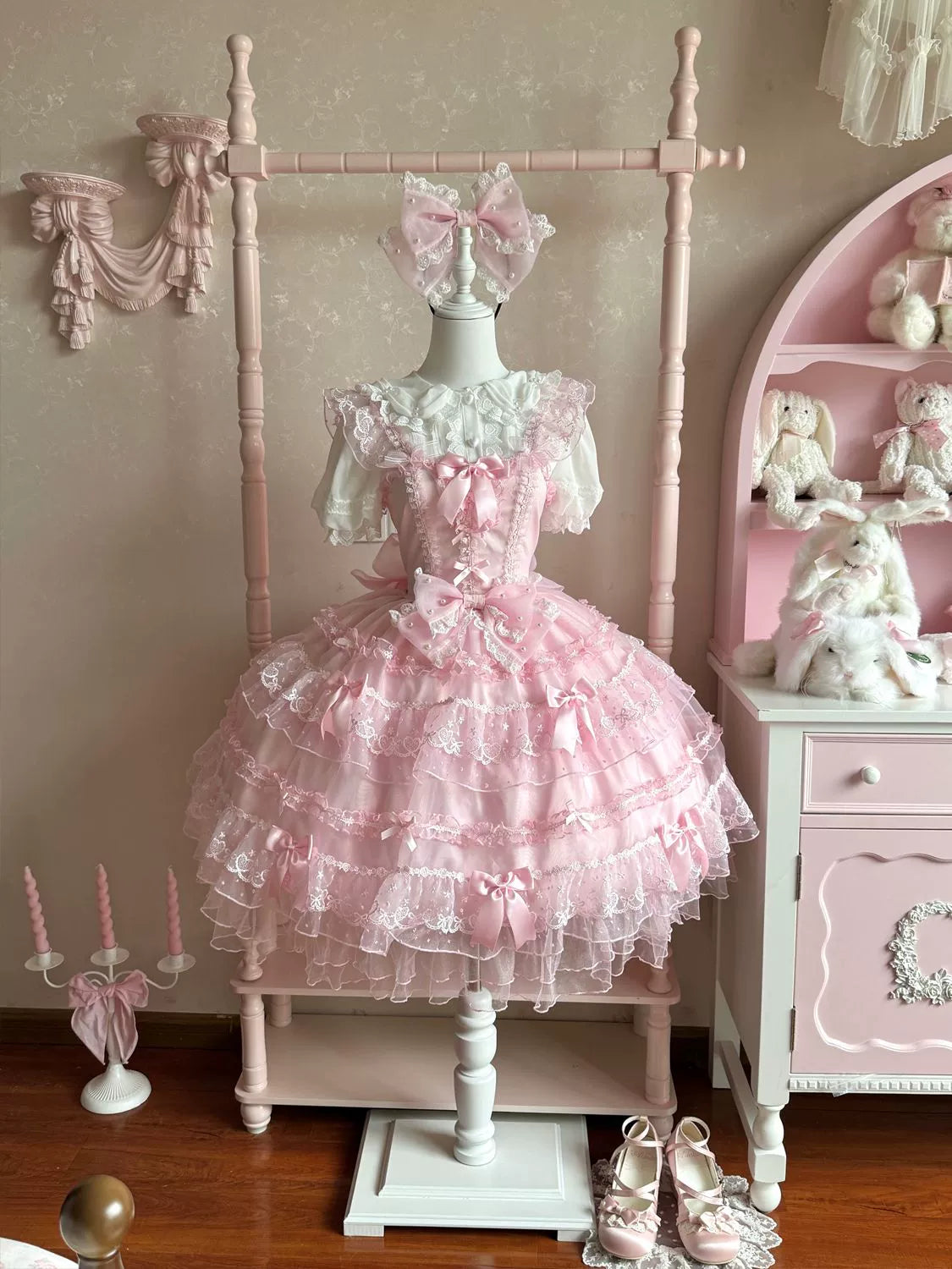 Hanguliang - Fudie Heart - Sweet Lolita JSK Dress With Tiered Skirt and Bow Trailing Pink JSK Only (without blouse) S