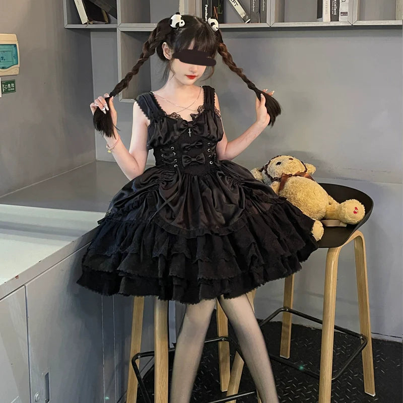 Hanguliang - Cross Medal - Black Gothic Lolita JSK, Tiered Skirt