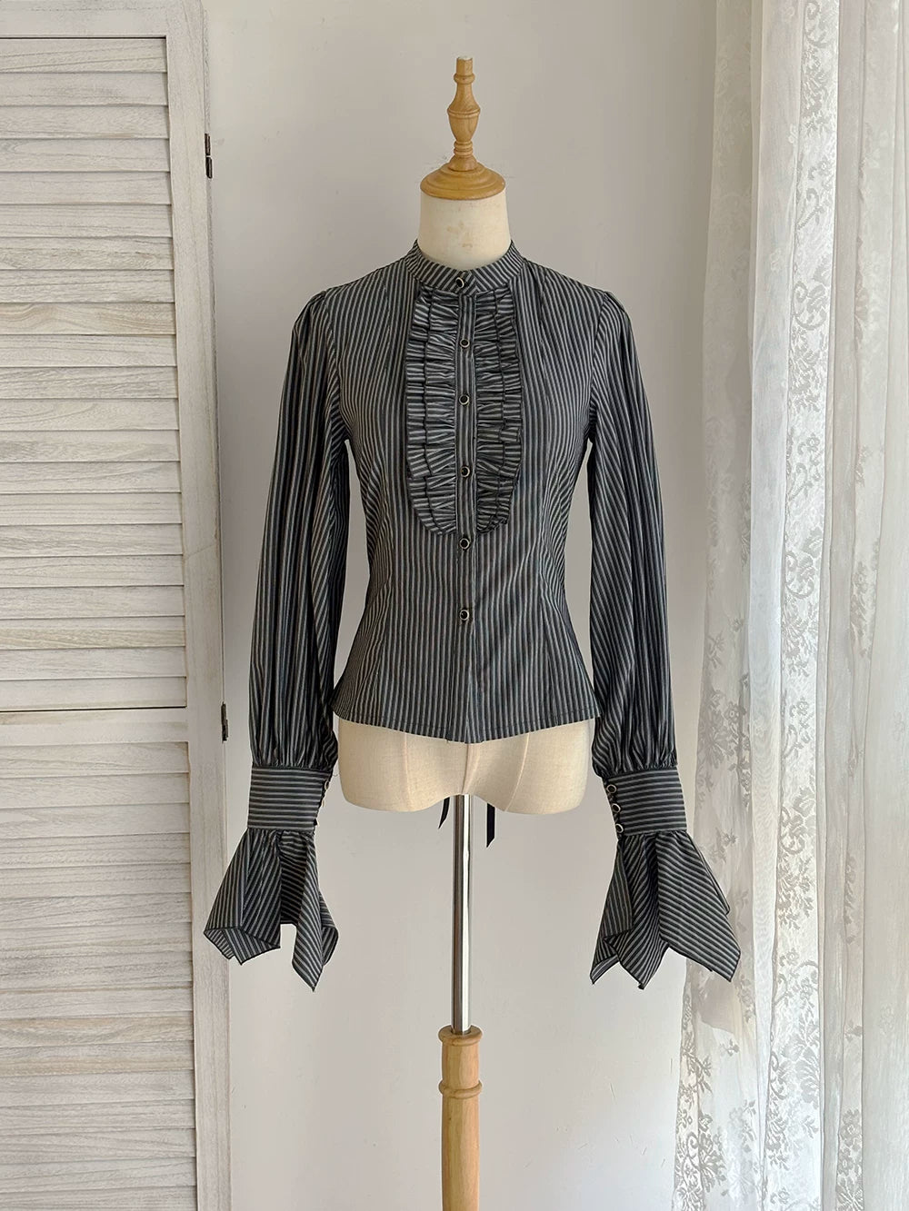 Perint Manor - Gothic Lolita Striped Dress, Tailor-made Black Striped Shirt XS