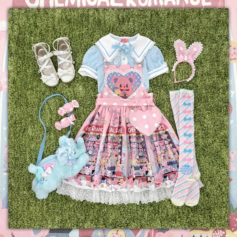 Chemical Romance - Sweetheart Doll Machine - Sweet Lolita Printed Salopette S with lace pink