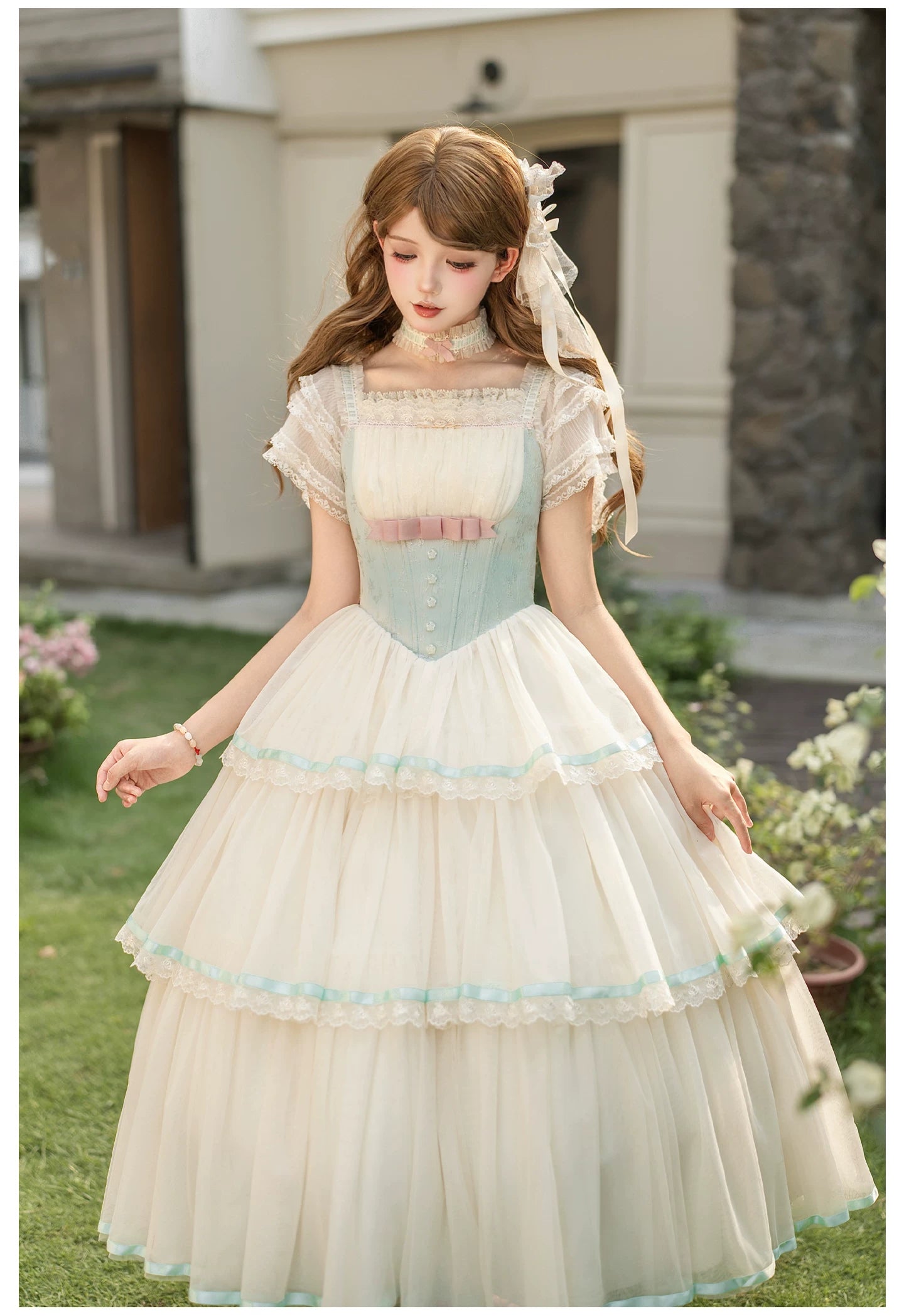 Sea Salt Soda - Classic Lolita Adjustable Corset JSK Dress, Tiered Tulle Hem 45257:856371