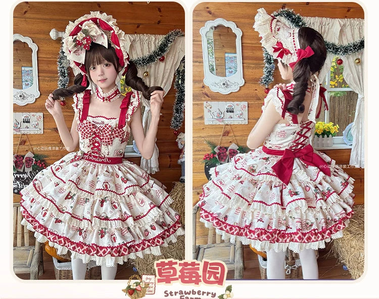 Strawberry Garden - Sweet Lolita JSK & OP Dress, Strawberry Print 44455:809988
