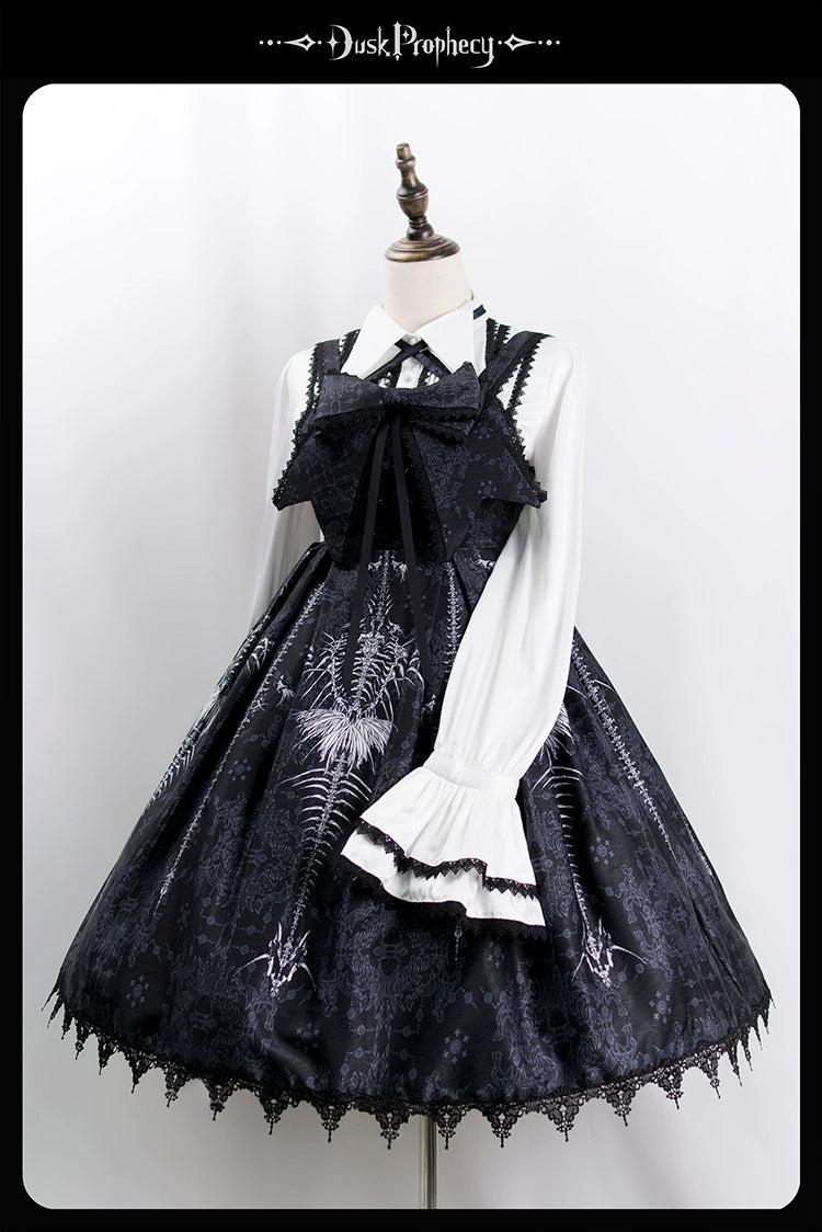 DuskProphecy - Coccyx - Elegant Lolita Dress High Waist Fishbone Print JSK Set 34722:466540