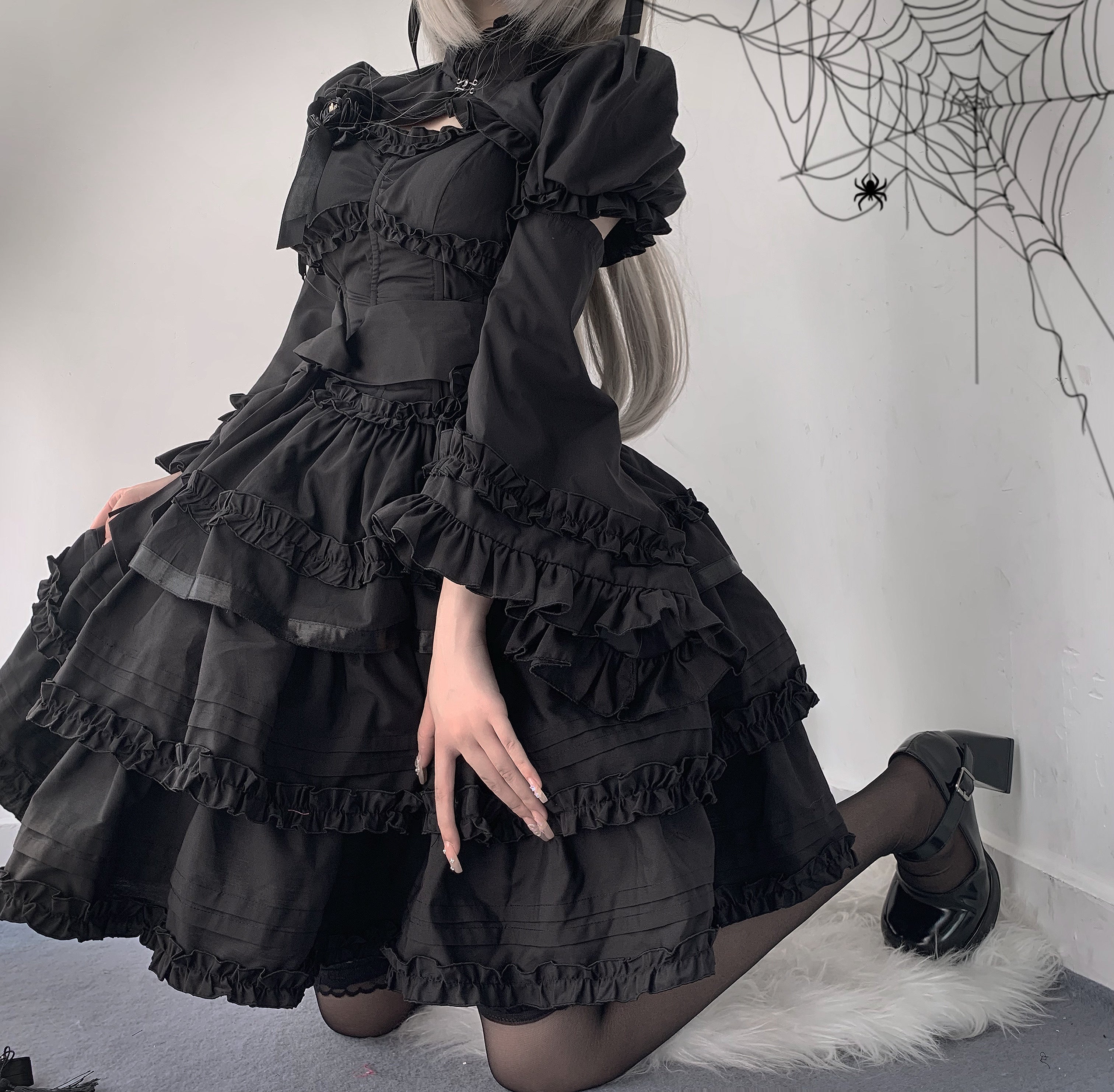 Mengfuzi - LiLith - Christmas Gothic Lolita JSK Dress, Short Sleeve Bolero XS Black dress only