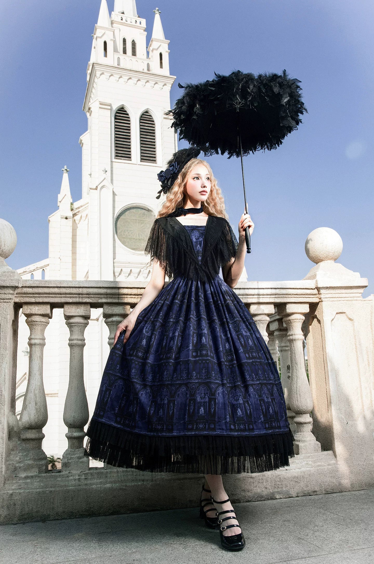 Reims Cathedral - Printed Classic Lolita Dress, Detachable Gauze Outlayer 44701:819133