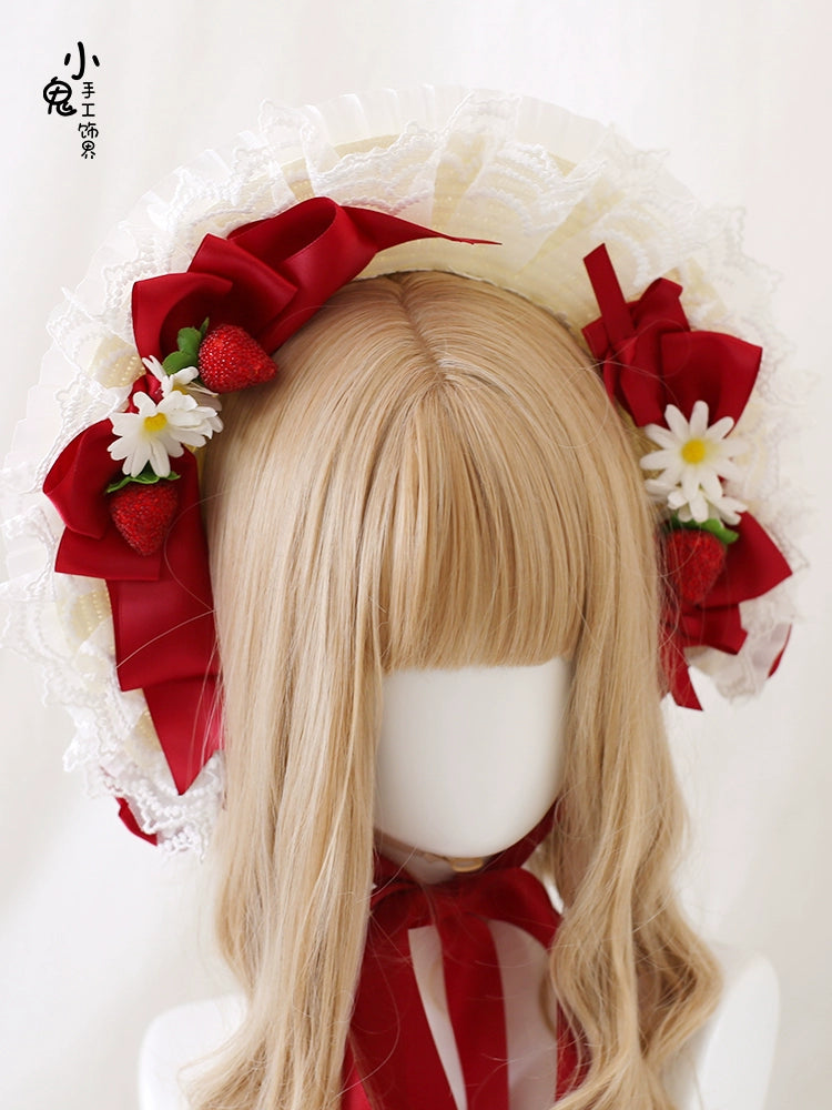 Xiaogui - Sweet Lolita Hat Strawberry Bonnet with Lace and Bow
