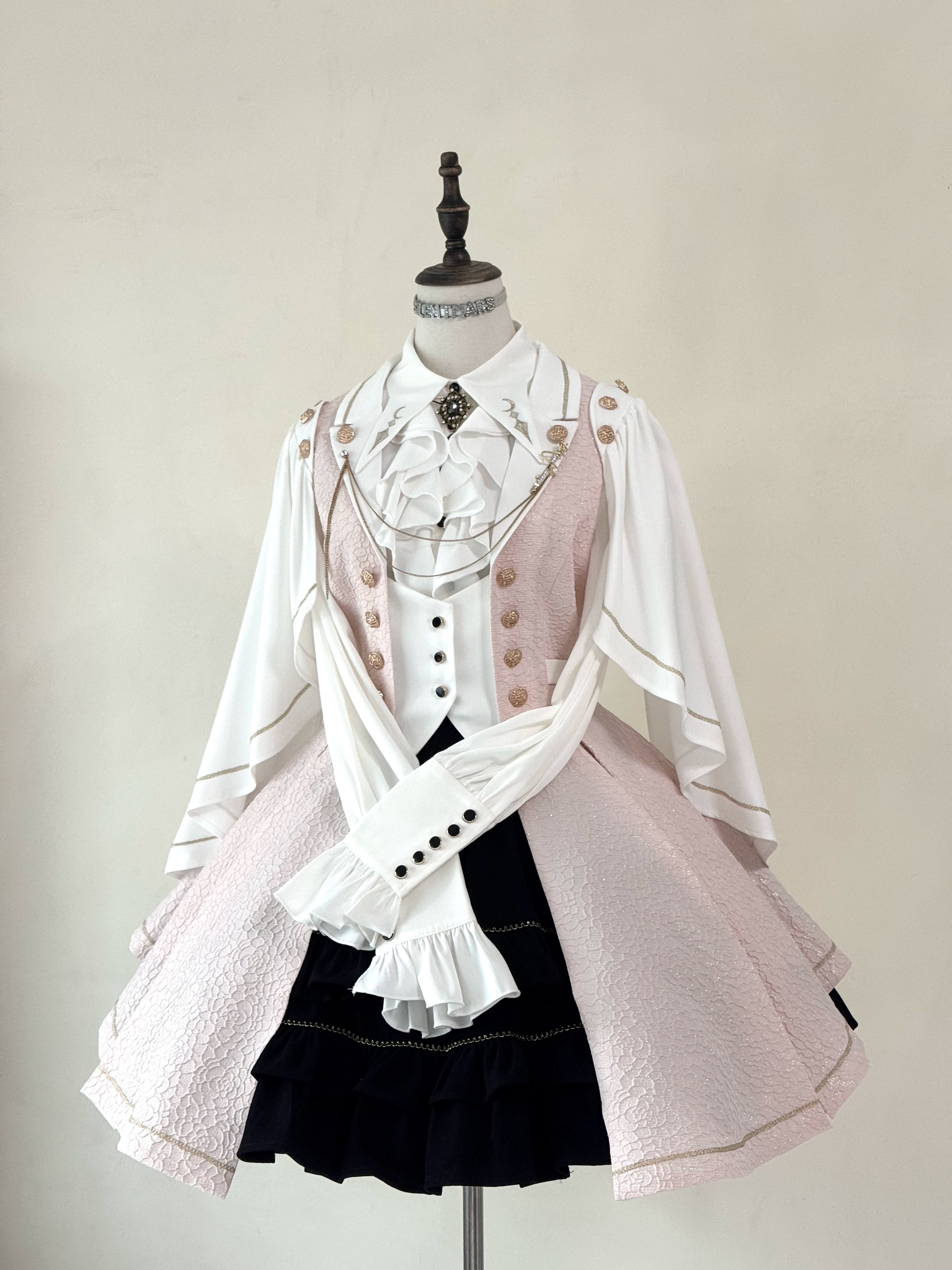 Fallen Moon Code - Retro Military Lolita Capelet-Sleeve Set: Vest, Skirt & Pants Pink x White - Vest Coat Only S
