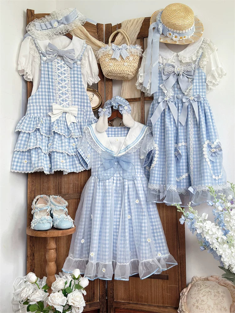 Blue Plaid Sweet Lolita JSK Dress, Daisy-trimmed Bows Blue Plaid Sweet Lolita JSK Dress, Daisy-trimmed Bows