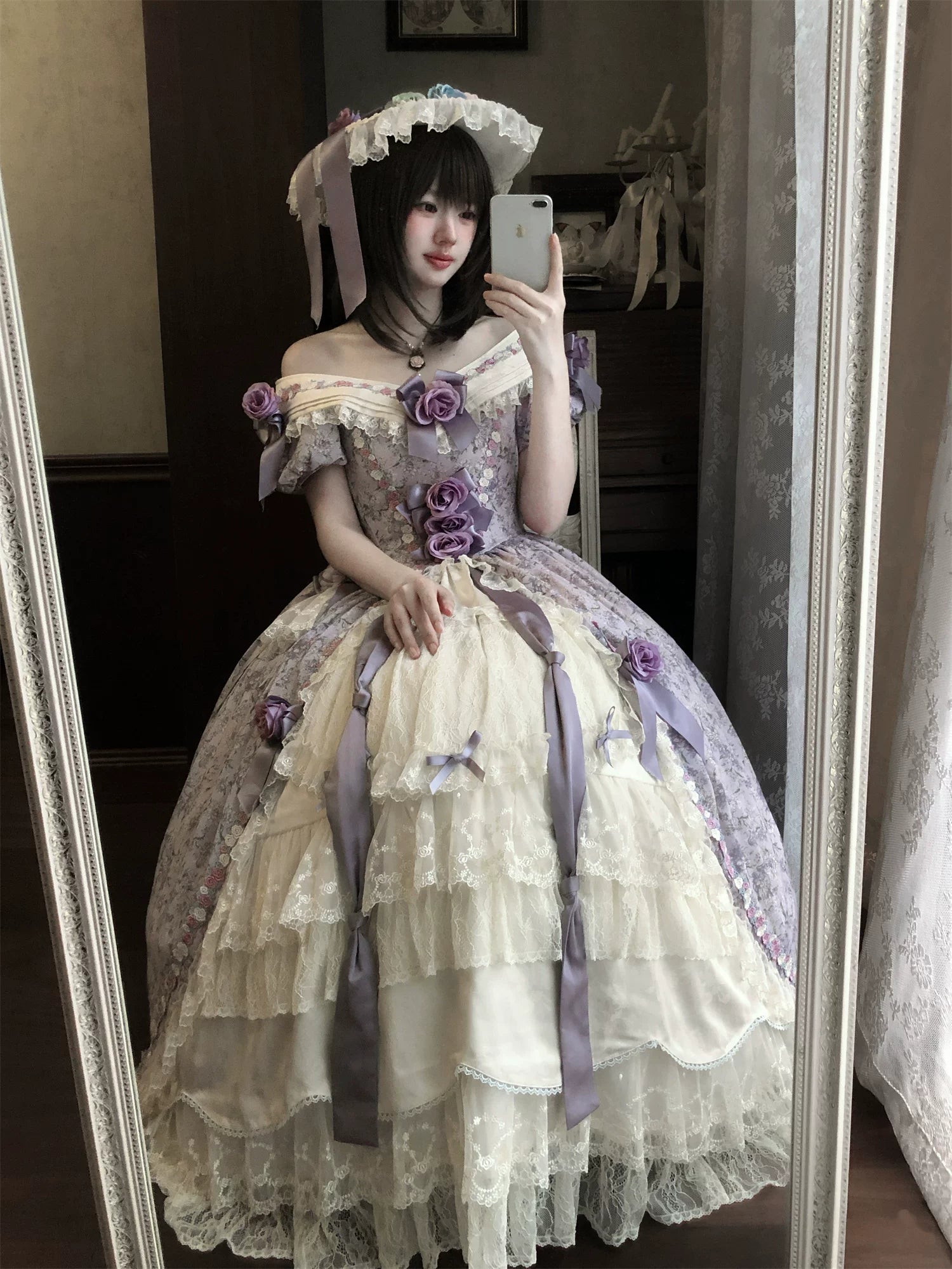 Dolota Flower Wall - Classic Lolita Floral OP Dress, Open Shoulder 44485:811207