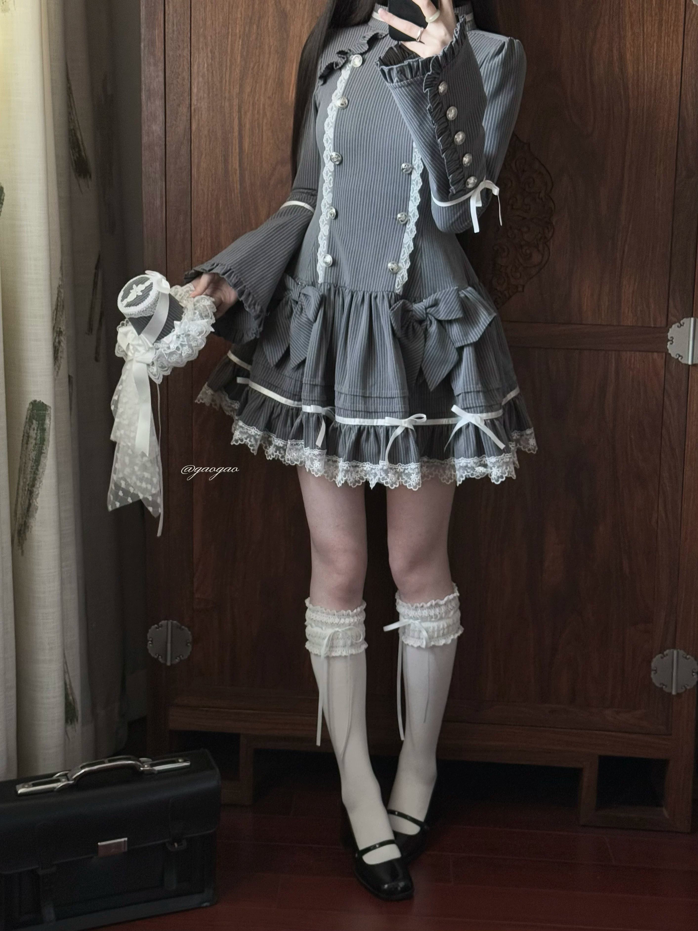 Phantom Kitty - Old School Lolita Low Waist OP Dress, Lace & Bow 45119:836191