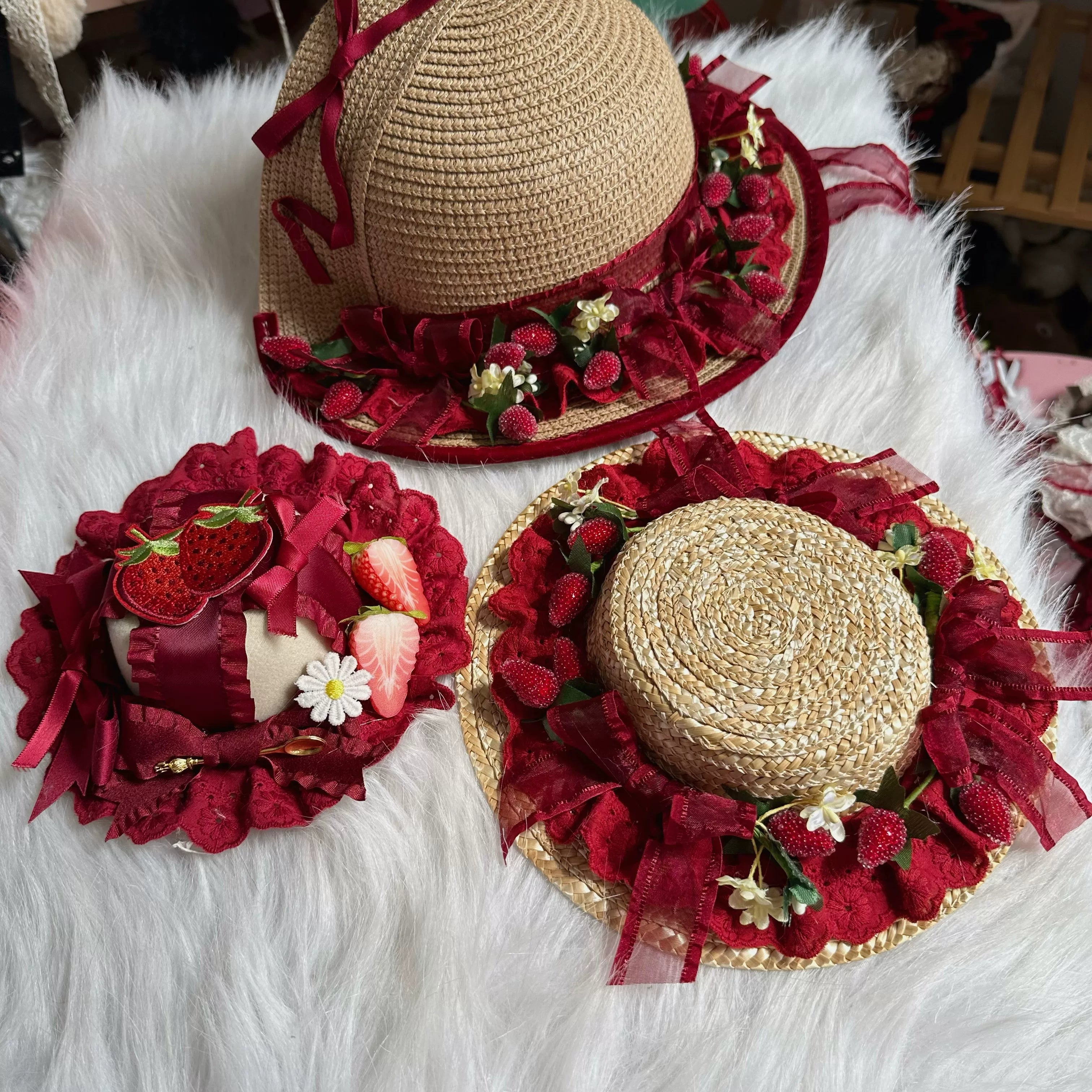 Red Sweet Lolita Headdress, Bows and Strawberry Pendants