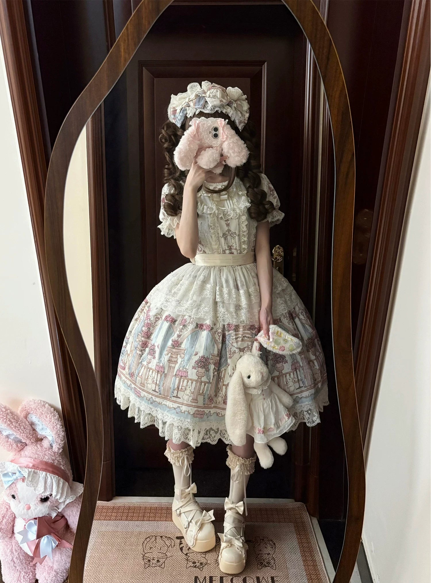 Wandering Rabbit's Palace - Doll-like Classic Lolita Palace Print OP Dress with Lace