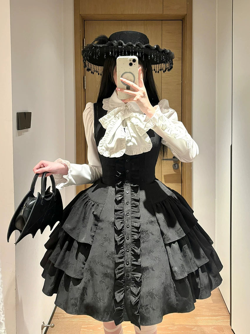 Twilight Serenade - Elegant Gothic Lolita JSK Dress, Tiered Ruffle 46026:873032