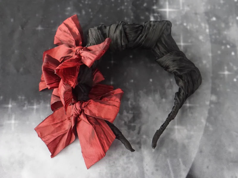 Strange Sugar - Gothic Lolita KC Black Wine Red Ruffled Bow Hair Accessories Black and red bow