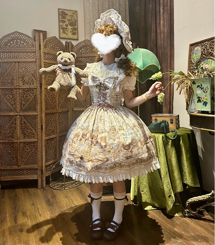 Wendy's Wardrobe - Macaron Bear - Cotton Kawaii Lolita Dress Suit, Bear & Dessert Print