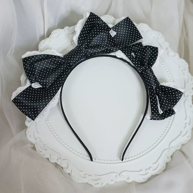 Polka Dot Lolita KC, Heart-shaped Decoration Black - Double Bow KC