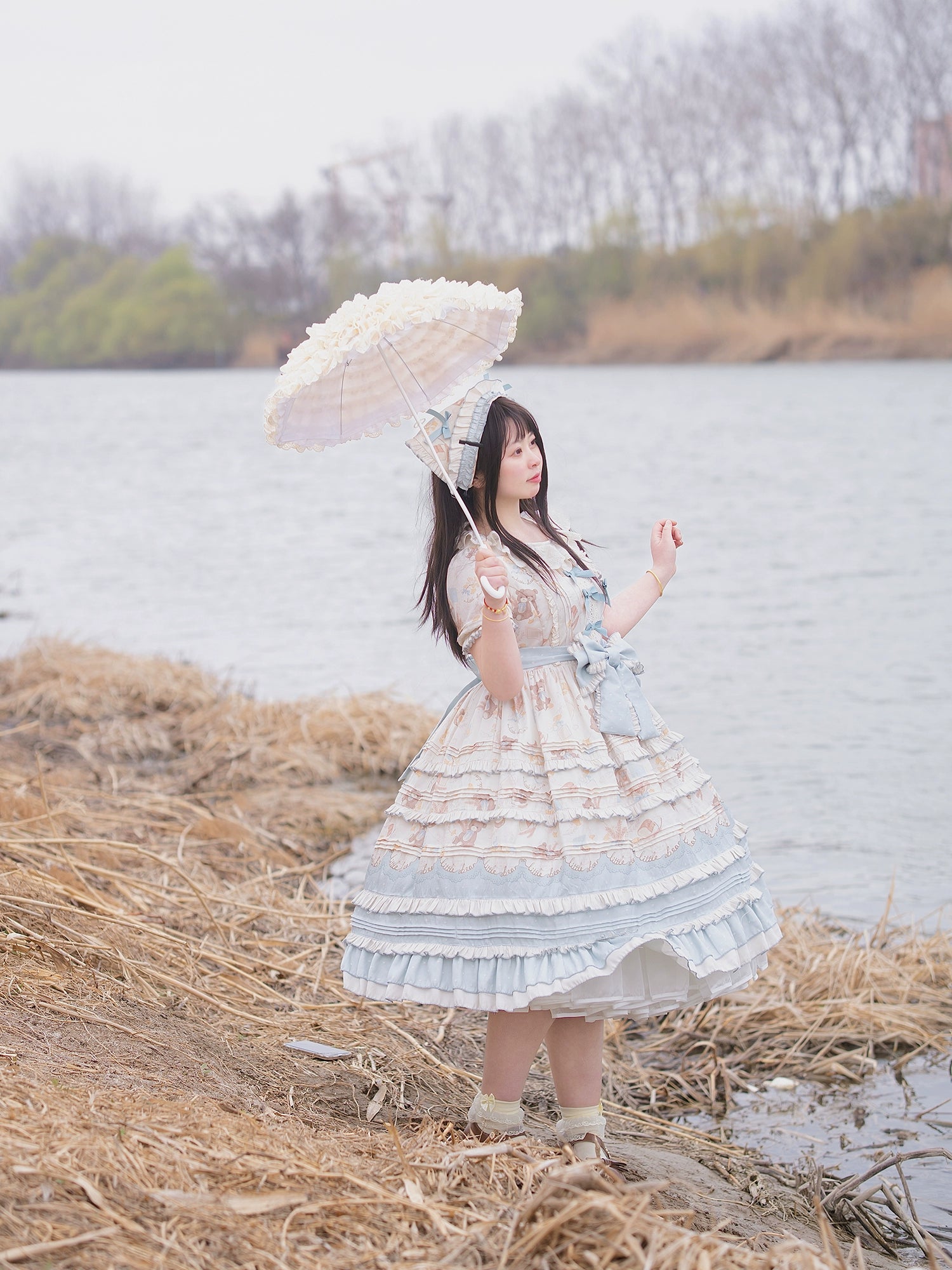 Chubby Cat Diary - Harvest Bear - Plus Size Country Lolita OP Dress with Teddy Bear Print