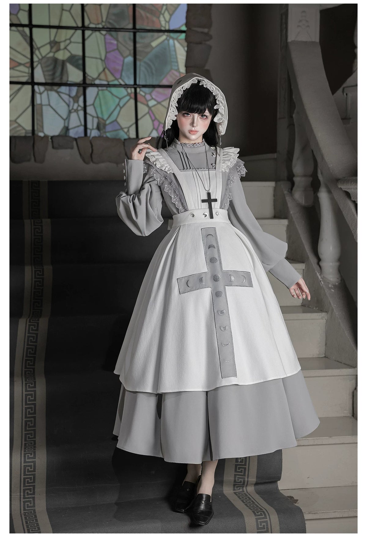 Moon Phase - Gothic Lolita OP Dress Set, Detachable Cross-Shaped Apron 46035:873398