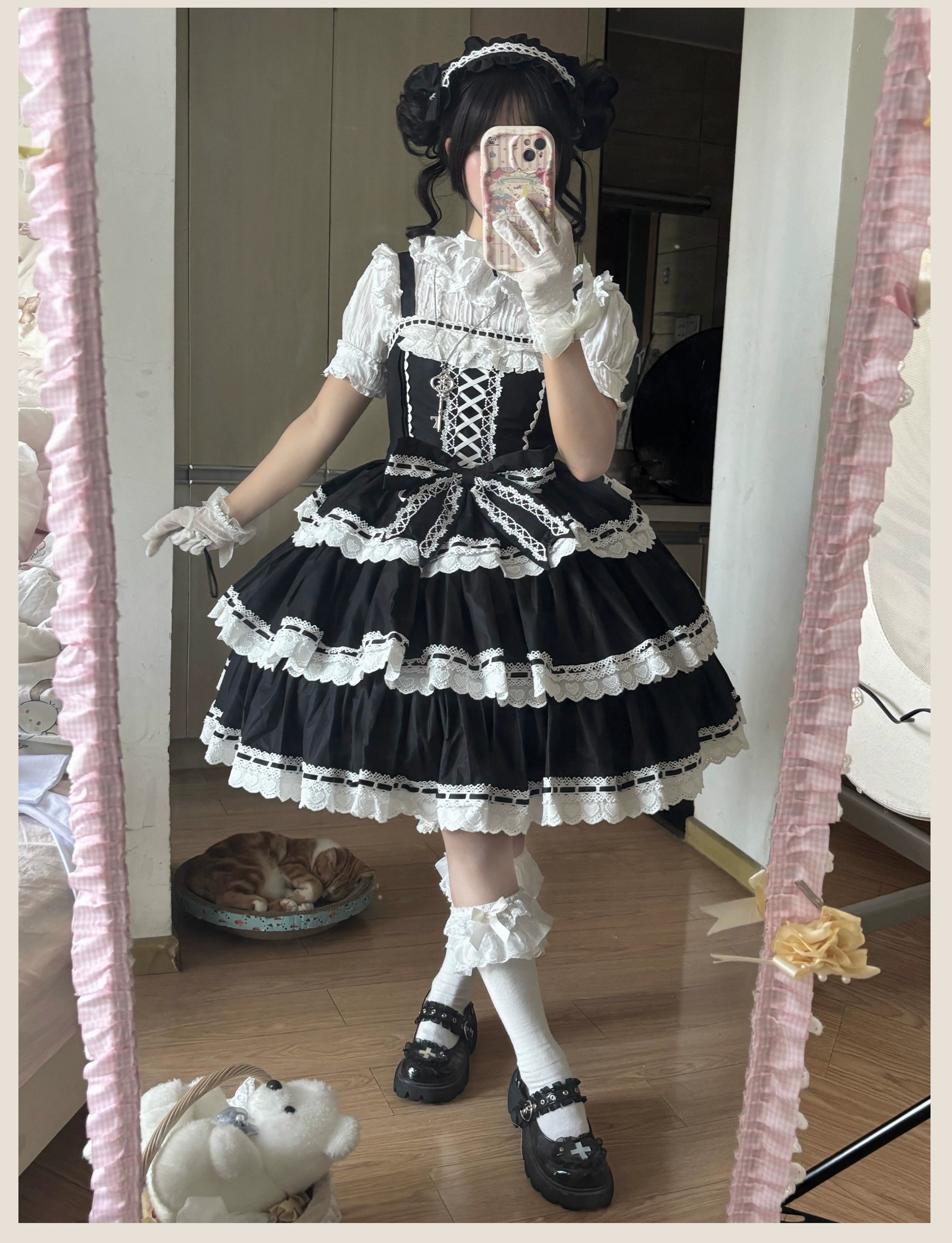 Otome Heart - Cotton Old School Lolita JSK Dress Suit, Heart-Shaped Lace Trim 43381:774533