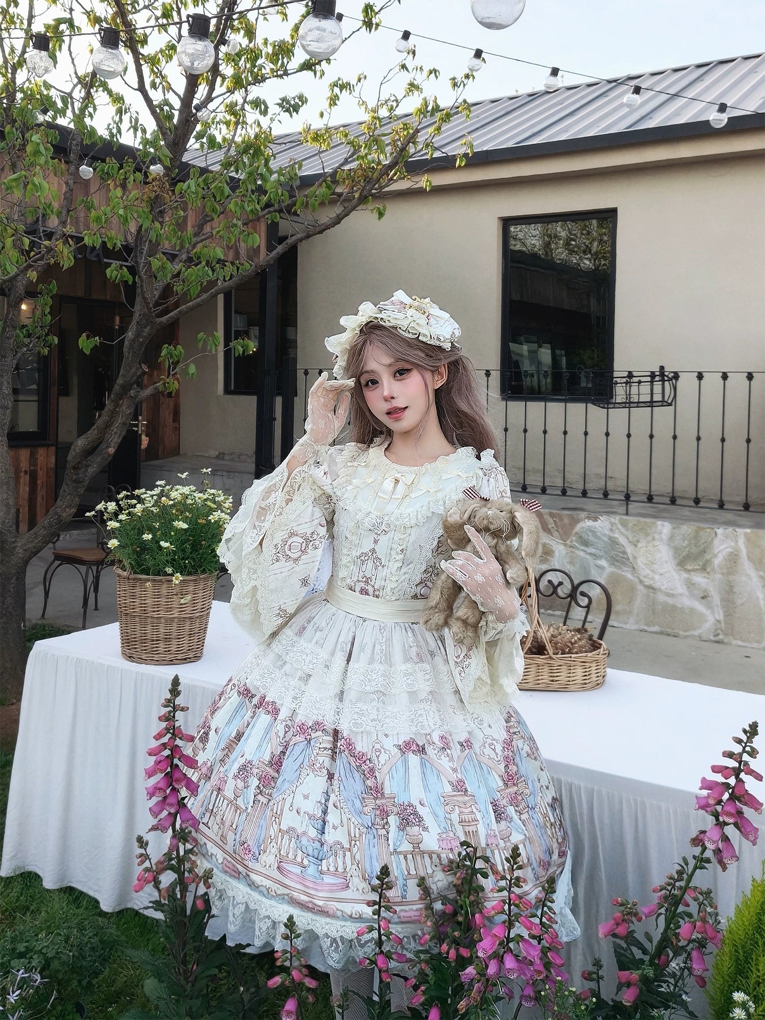 Wandering Rabbit's Palace - Doll-like Classic Lolita Palace Print OP Dress with Lace 45322:843951