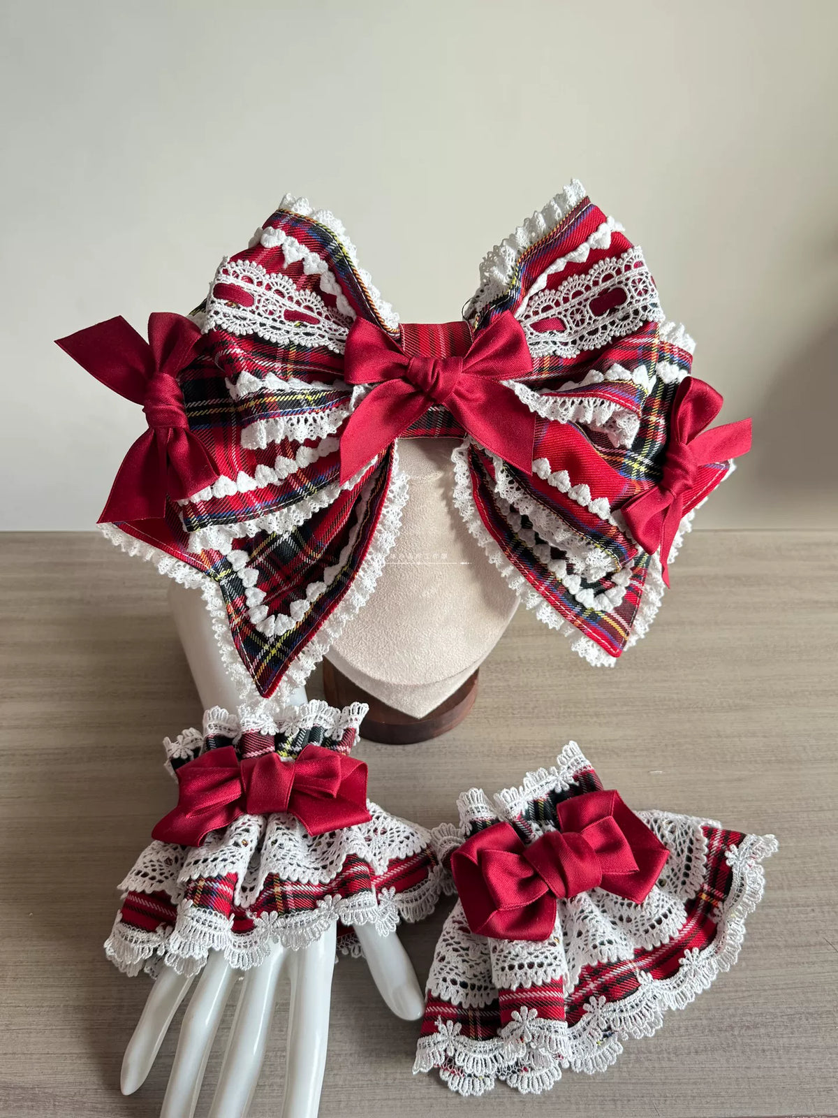 Red Plaid Lolita Headdress, Wire-edged Bunny Ear BNT