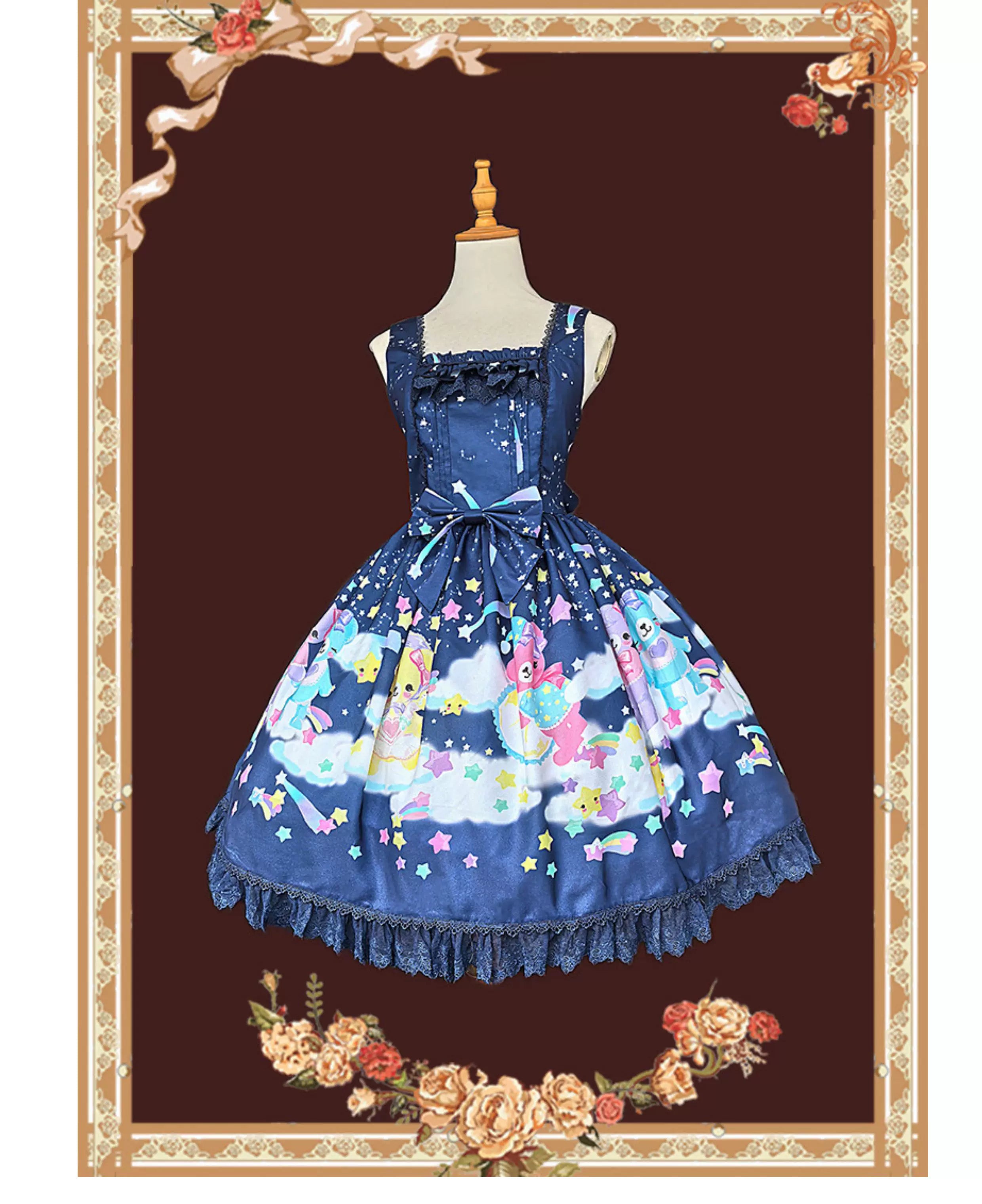 Sleepy Bear - Kawaii Lolita Bear and Star Printed Dress (L M S XL / Pre-order) 45663:857685