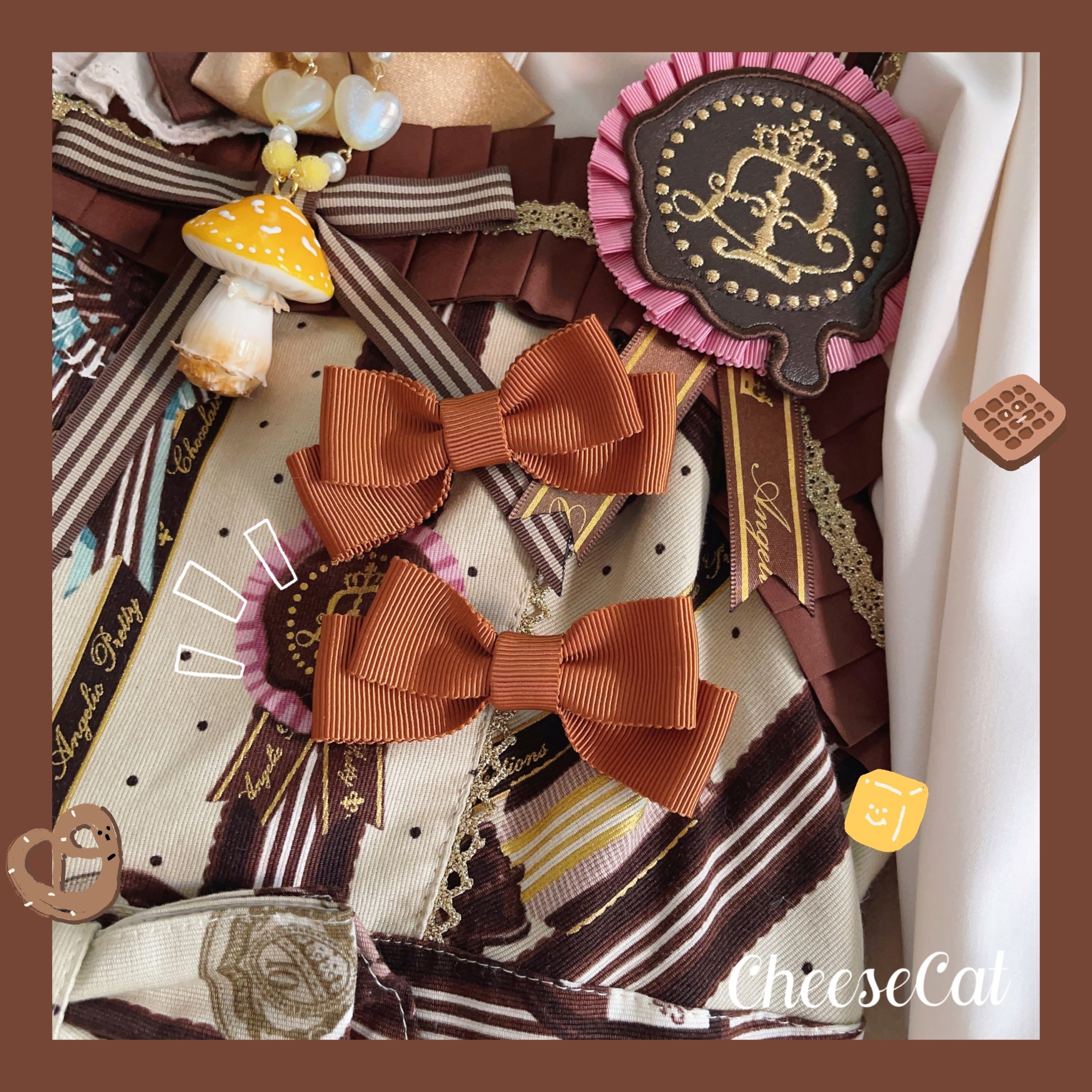 Cheese Cat - Fluffy Lop-Eared Bunny Sweet Lolita Hairband Brown Brooch (1 pair)