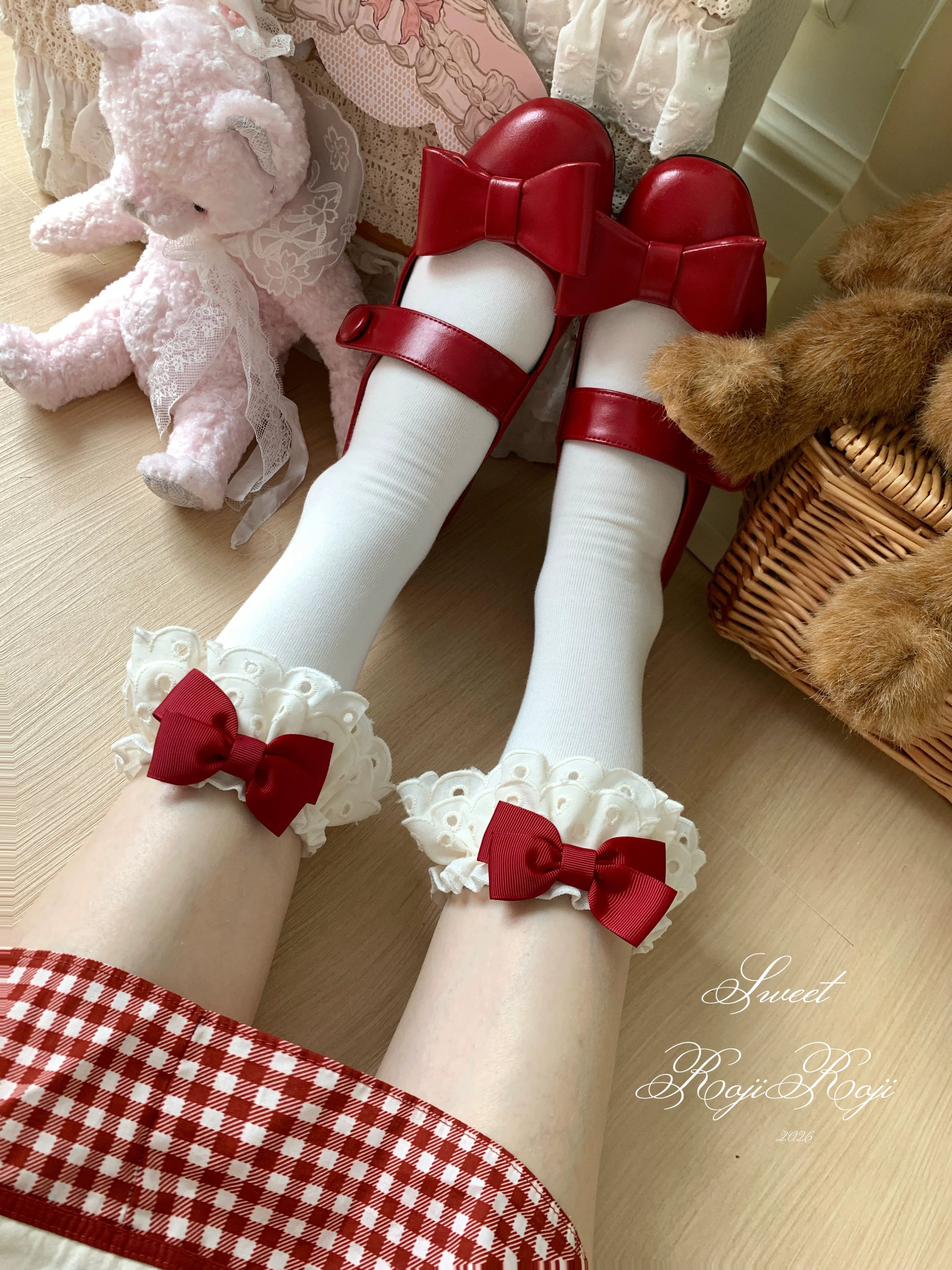 Cotton Classic Lolita Calf Socks, Double Layer Trim & Bow 45730:859933