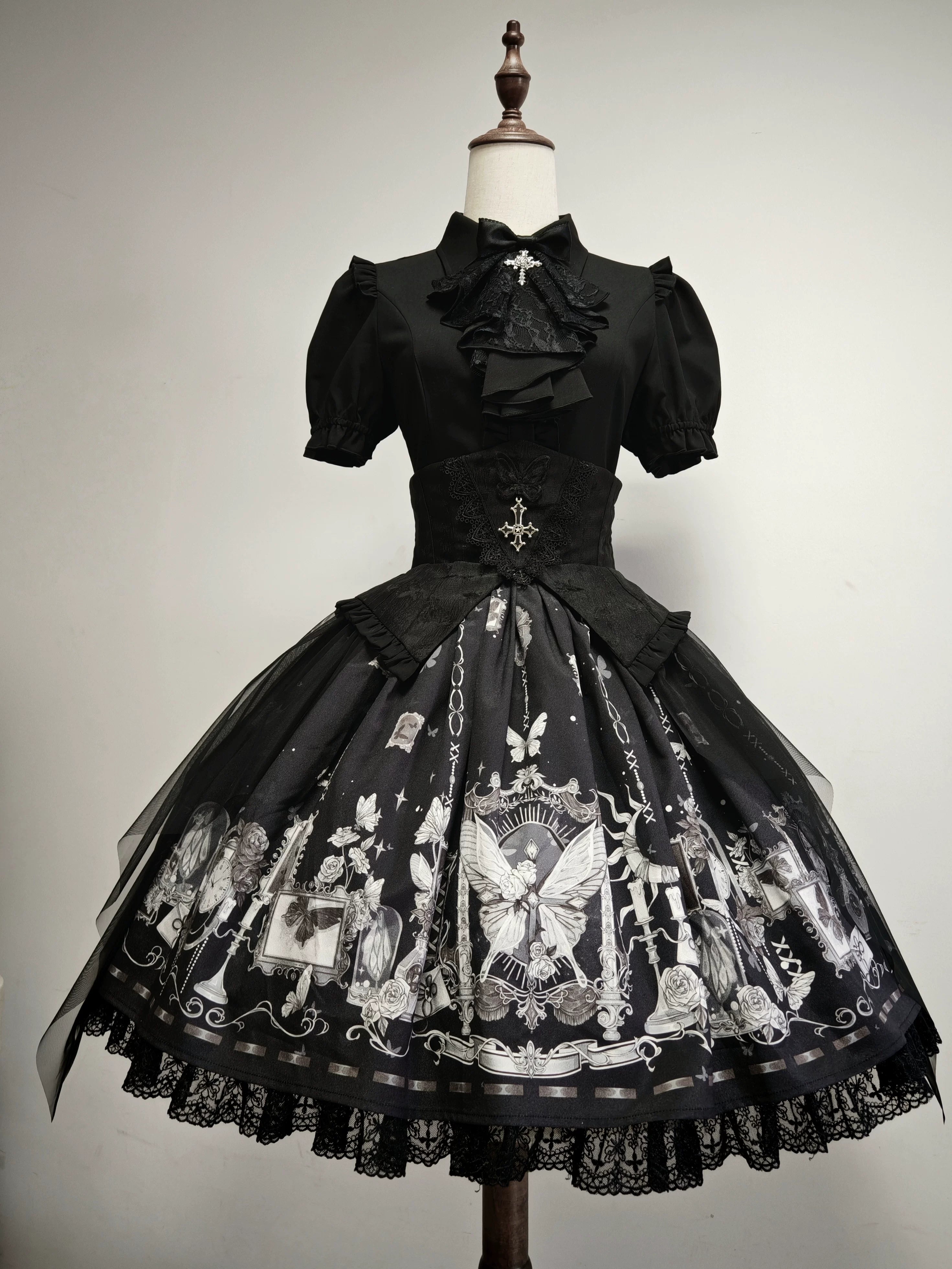 Butterfly Shadow - Halloween Gothic Lolita Fishbone Skirt & Shirt, Butterfly Print