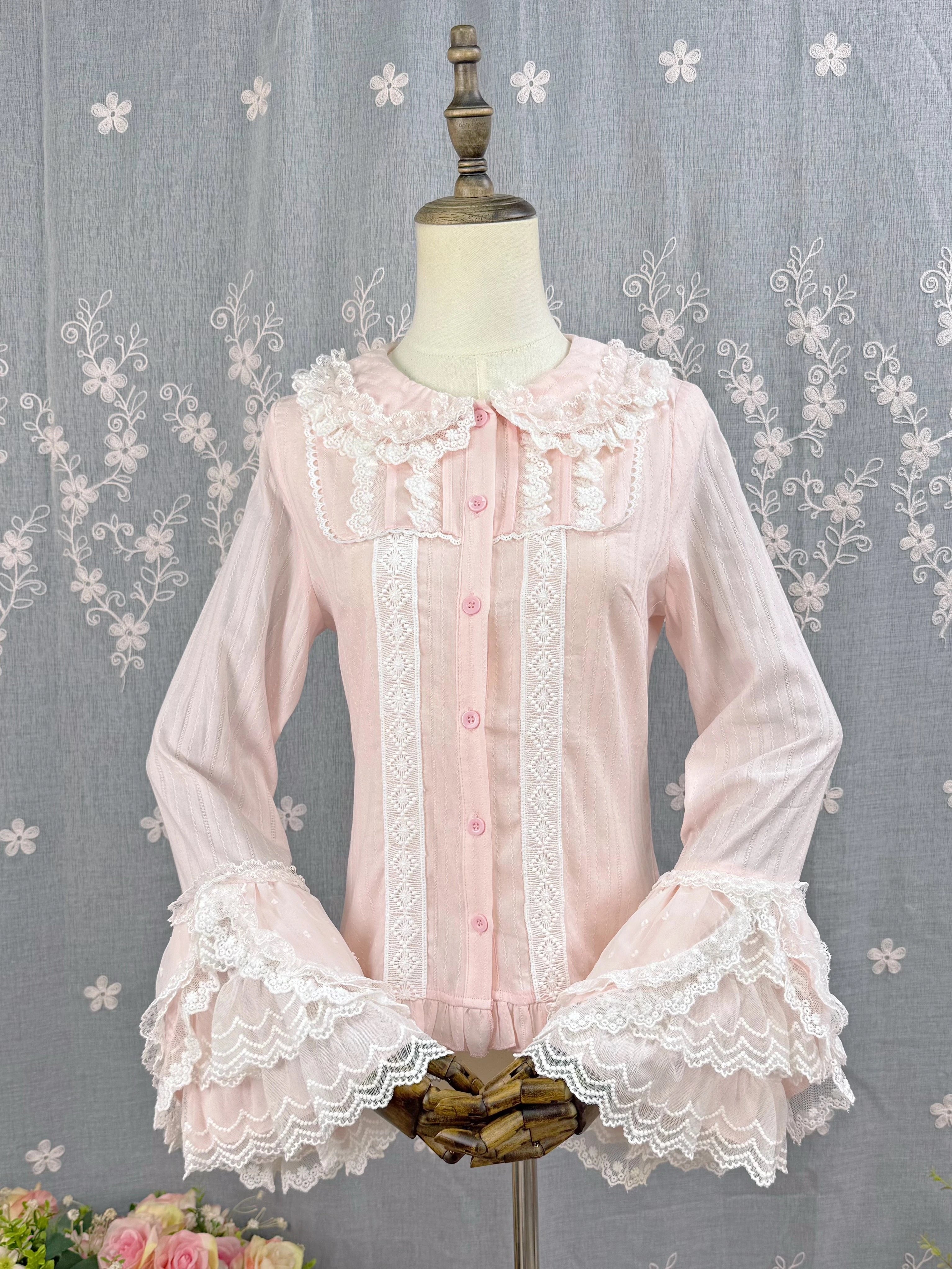 DMFS Lolita - Spiral Candy - Sweet Lolita Long Sleeve Cotton Shirt, Lace Accents Pink - Hime Sleeve S