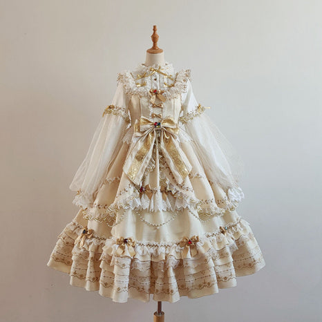 Puppet Night - Elegant Lolita Flounce Hemline Princess Dress Multicolors S golden-preorder (dress+blouse+veil)