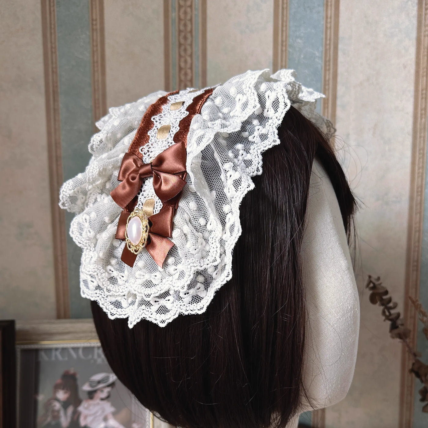 Krncrlo~Cello Vintage Elegant 3 Tiered Lolita Jumper Skirt S chocolate hairband 