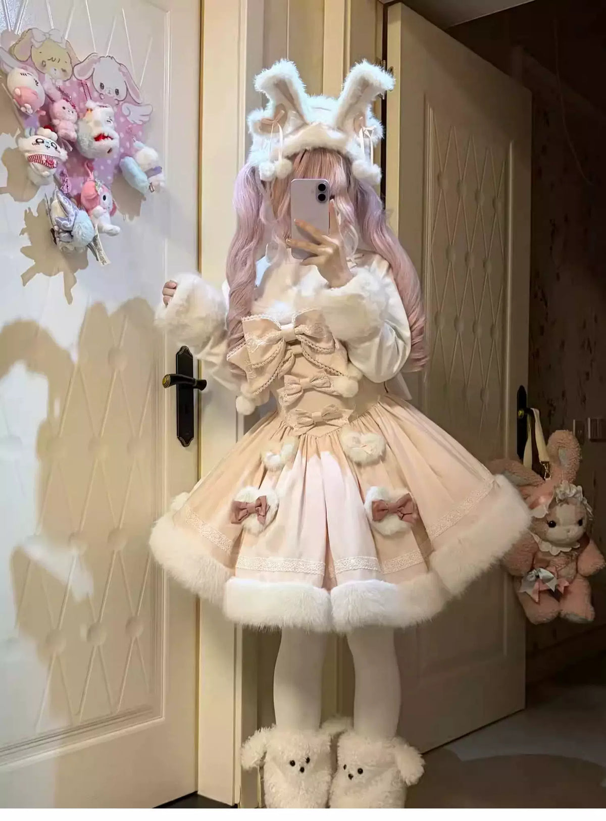 Sweet Dream Bunny - Sweet Lolita Cape & JSK Dress Set, Faux Fur Bunny Ear