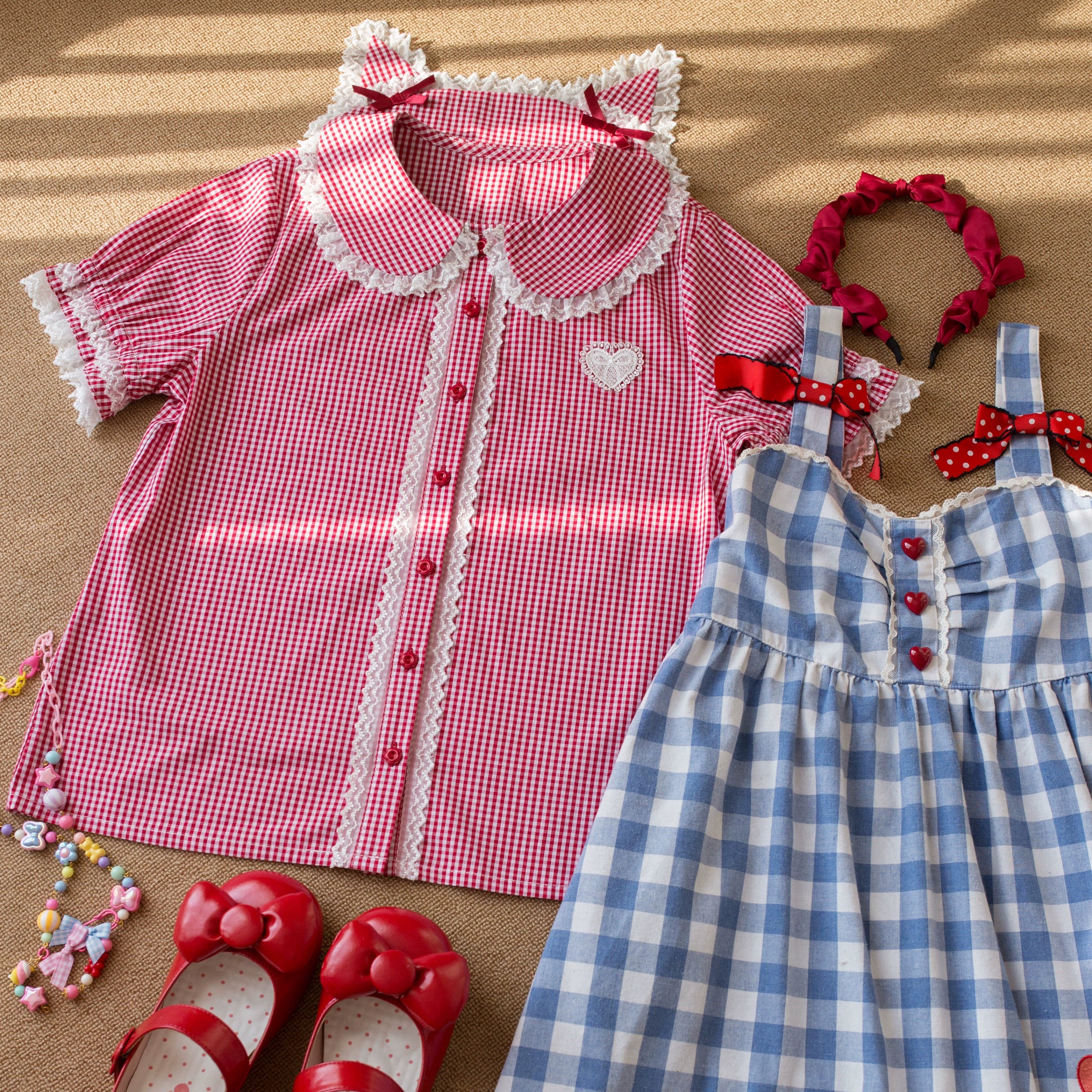 Kawaii Lolita Plaid Blouse With Cat Ear Peter Pan Collar Red Blouse Only S
