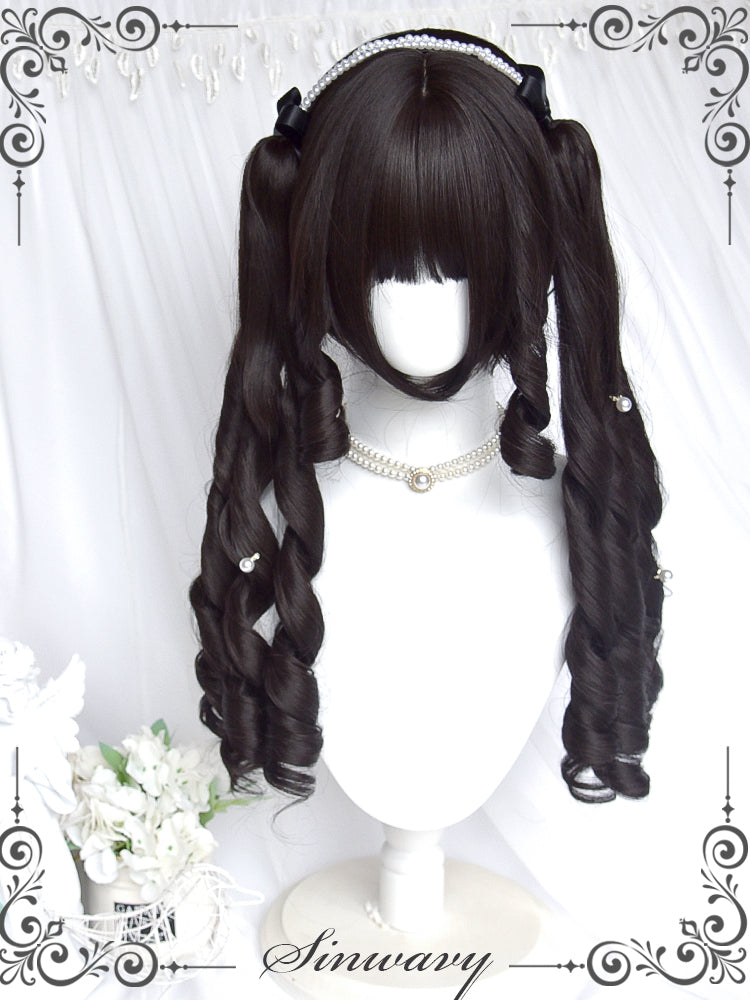 Sinwavy - Retro Elegant Roman Curl Double Ponytail Wig natural black wig (a set)