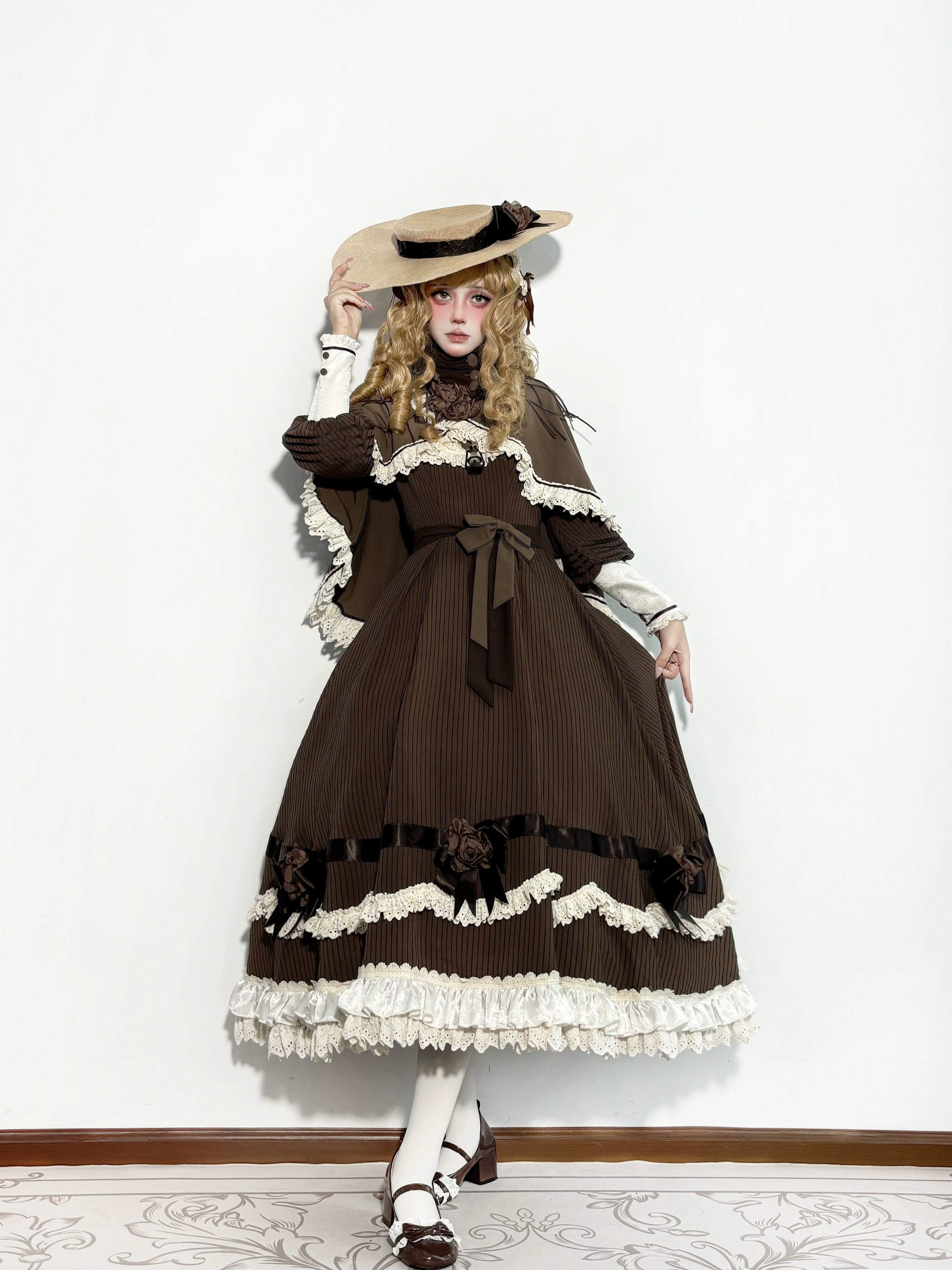 Muyu Handmade Studio - Evening Whispers of London - Brown Classic Lolita OP Dress, Mermaid Skirt Outfit 43993:791963