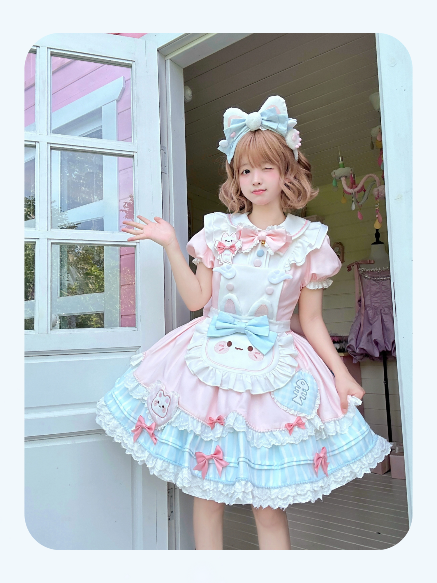 Jiuli Lolita - Nine Meow Bunny - Sweet Lolita Bunny Apron OP Dress, Back Zipper (L M S) 44098:795729