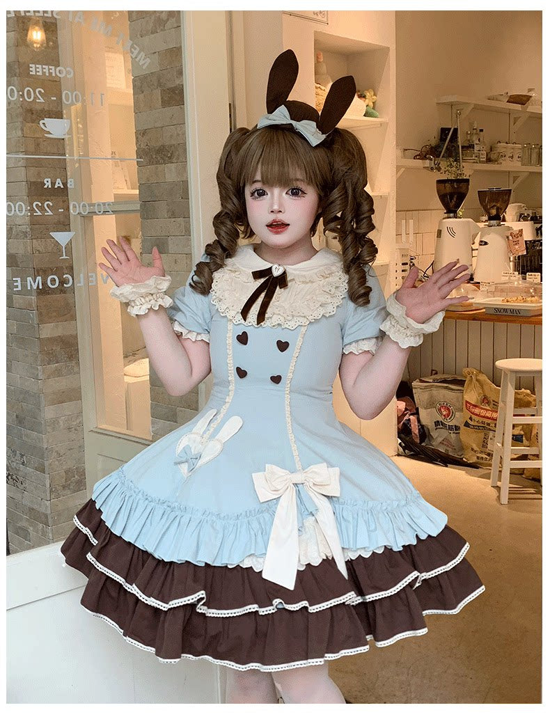 Creamy Bud - Old School Lolita OP Dress, Bunny Ear Heart Accent Mint Blue OP S