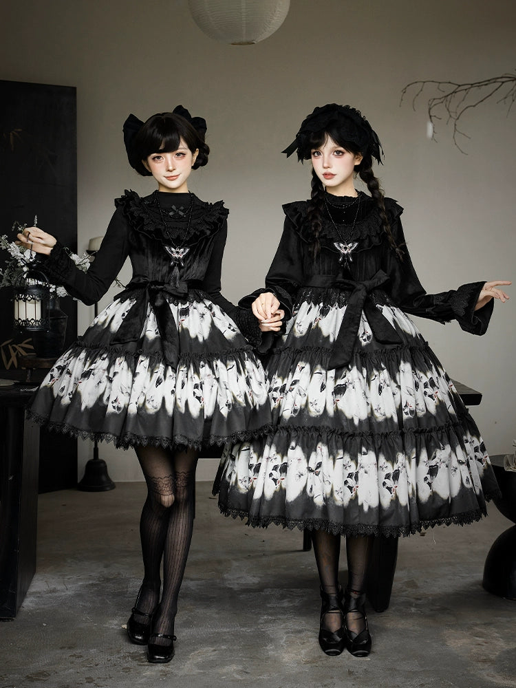 With PUJI - Dead Leaf Butterfly - Gothic Lolita JSK & OP Dress Set, Butterfly Print 44346:805382