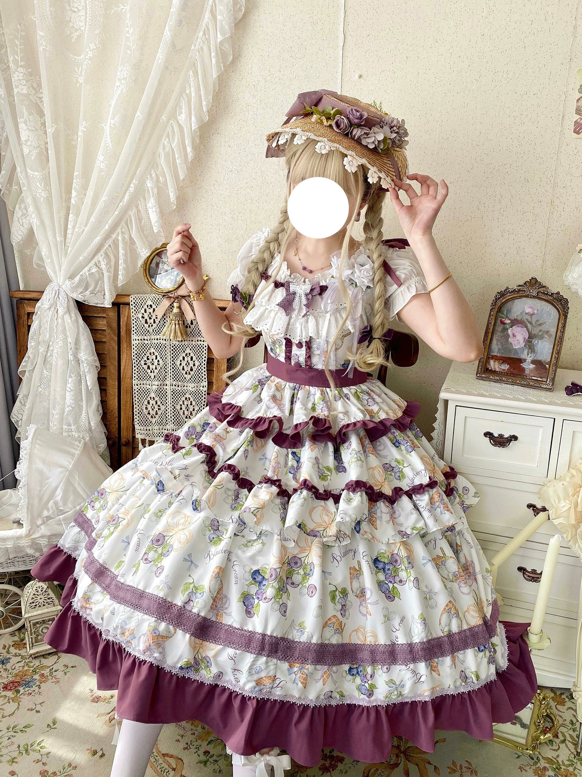 Qianmu - Blueberry Midsummer - Country Lolita Tiered JSK, Blueberry Print (L M S) 44322:805555