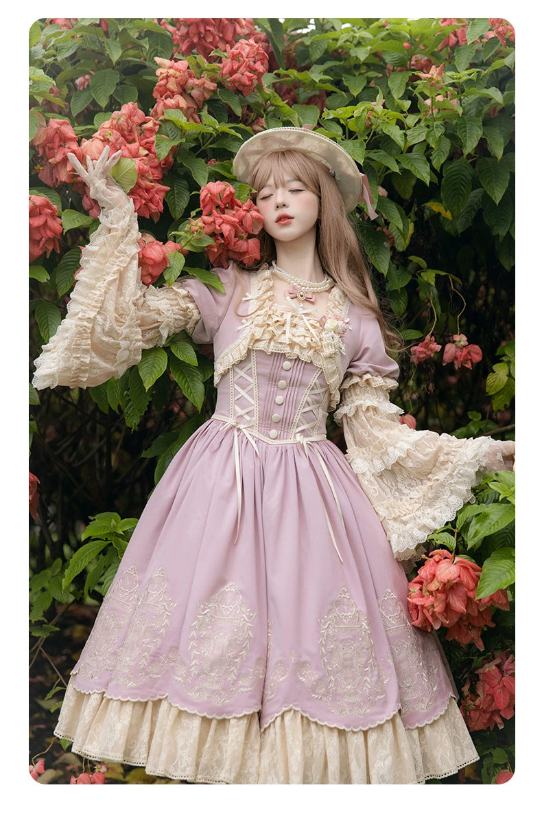 Amber Realm - Dream Strings - Embroidered Classic Lolita OP Dress, Princess Sleeves
