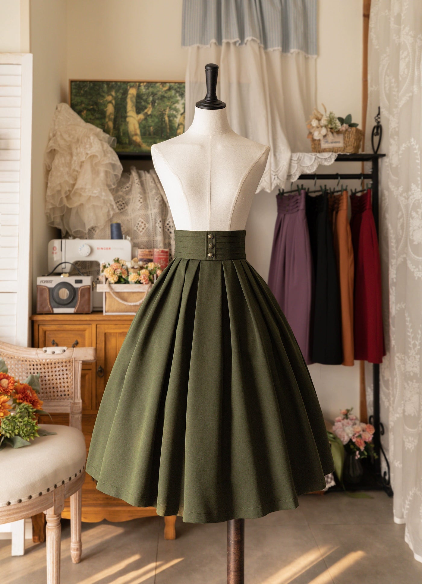 Forest Wardrobe~Forest Basket~Elegant Lolita SK Gingham Pleated Skirt S Army Green 