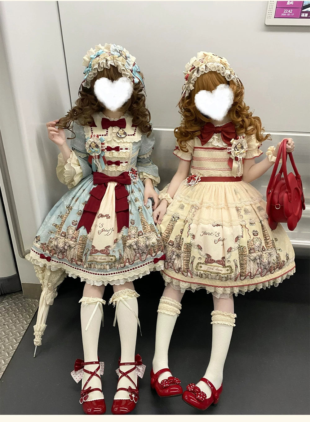 Pancake Postman - Kawaii Lolita Printed OP & Salopette Dress, Lace & Bows 45174:838664
