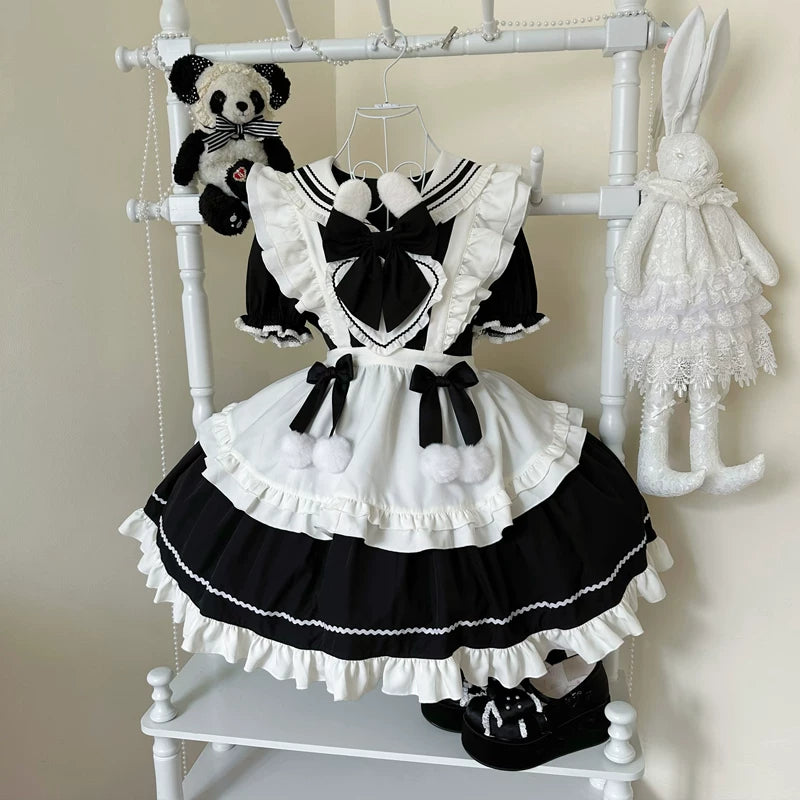 Sweet Bunny Pom-pom - Maid Lolita Bunny Ear Collar OP Dress, Detachable Apron Black - (Short Sleeve OP + Apron) S