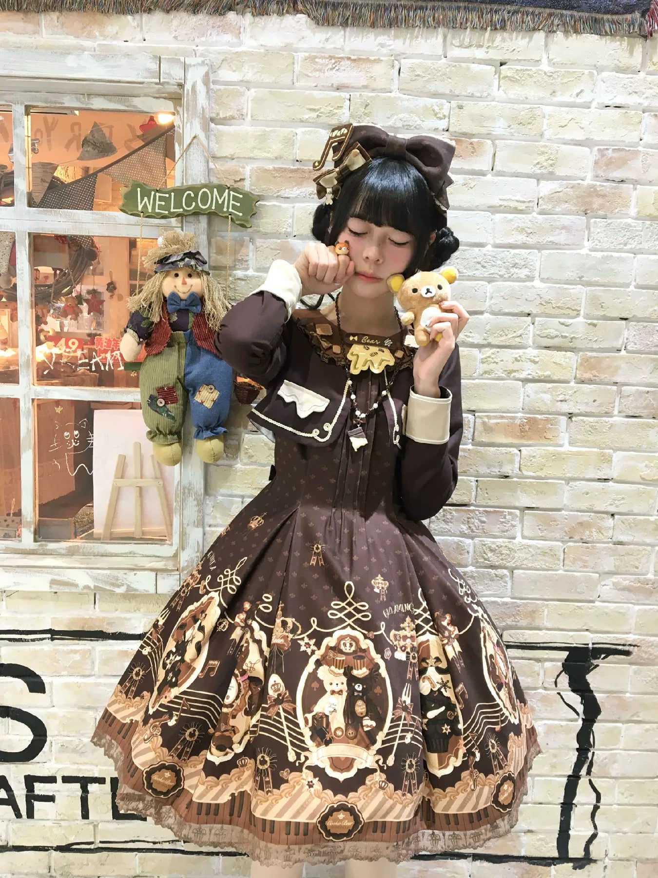 Cream Bear - Print Kawaii Lolita Fake Two-Piece OP, A-lined JSK Dress 44502:811629